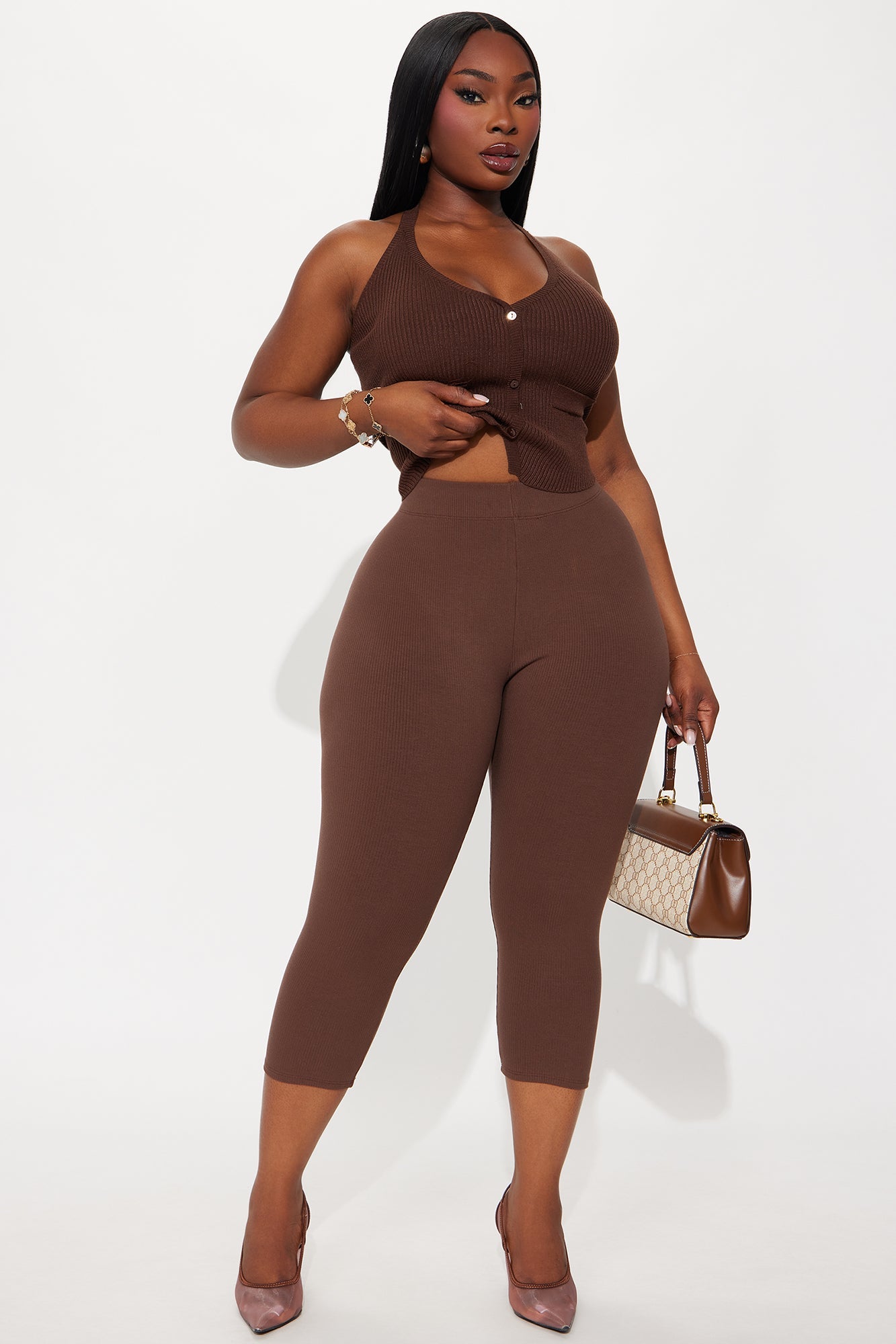 Tory Rib Heavy Contoured High Waisted Capri Legging - Dark Brown
