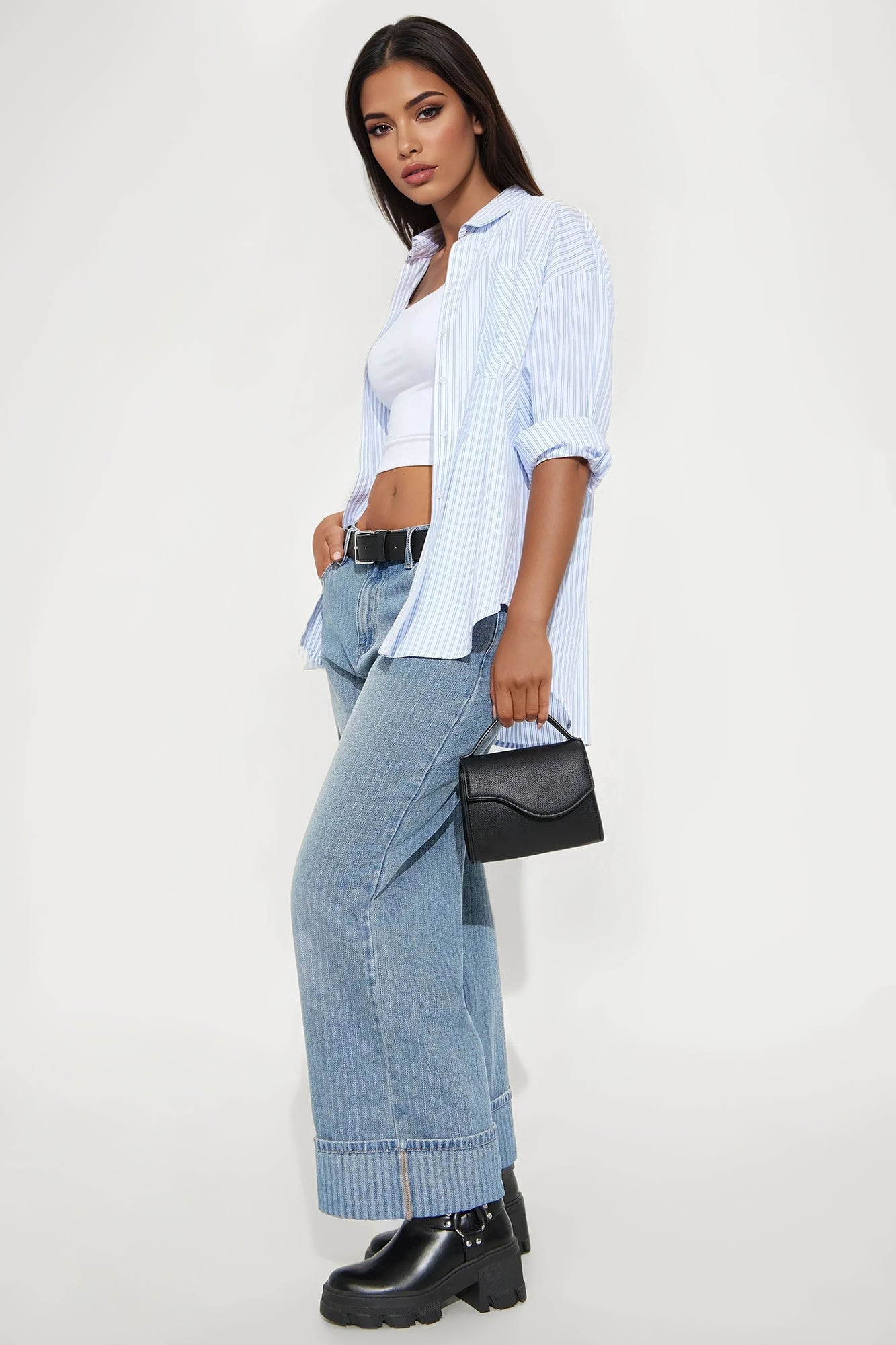 Catch Up Cuffed Wide Leg Jeans - Vintage Wash