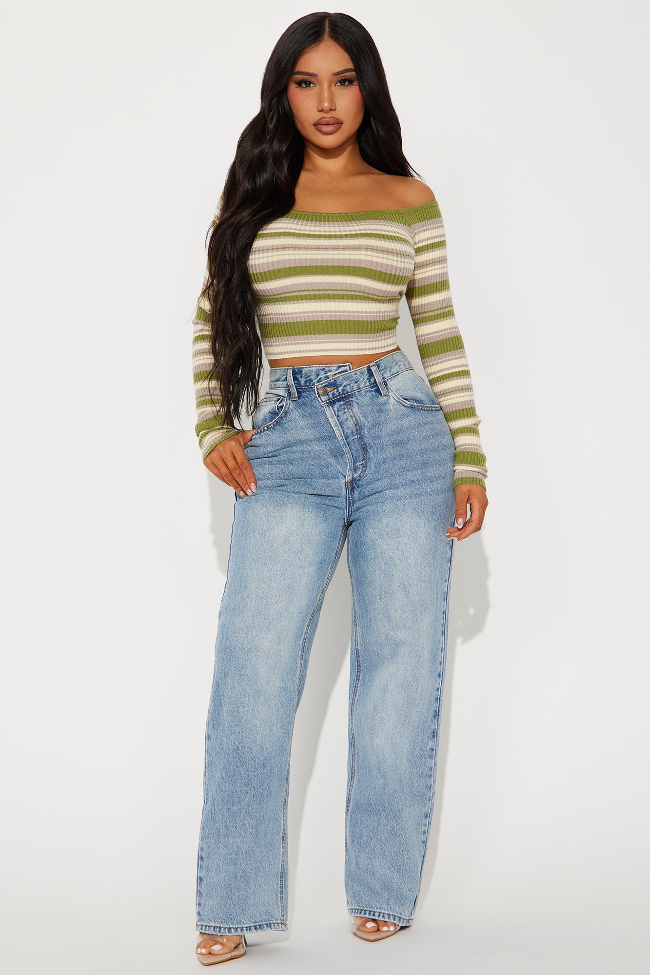 Madisyn Off Shoulder Striped Sweater - Green/combo