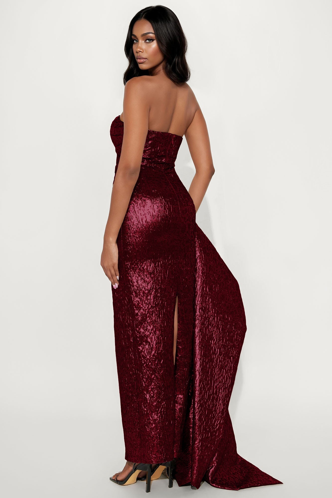 Vanya Draped Metallic Gown - Burgundy