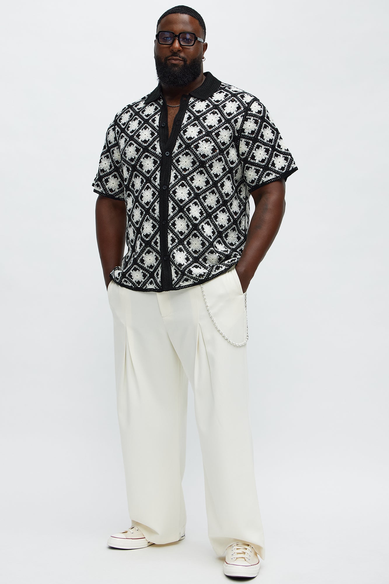 Crochet Starry Diamonds Closed Collar Shirt - Black/White