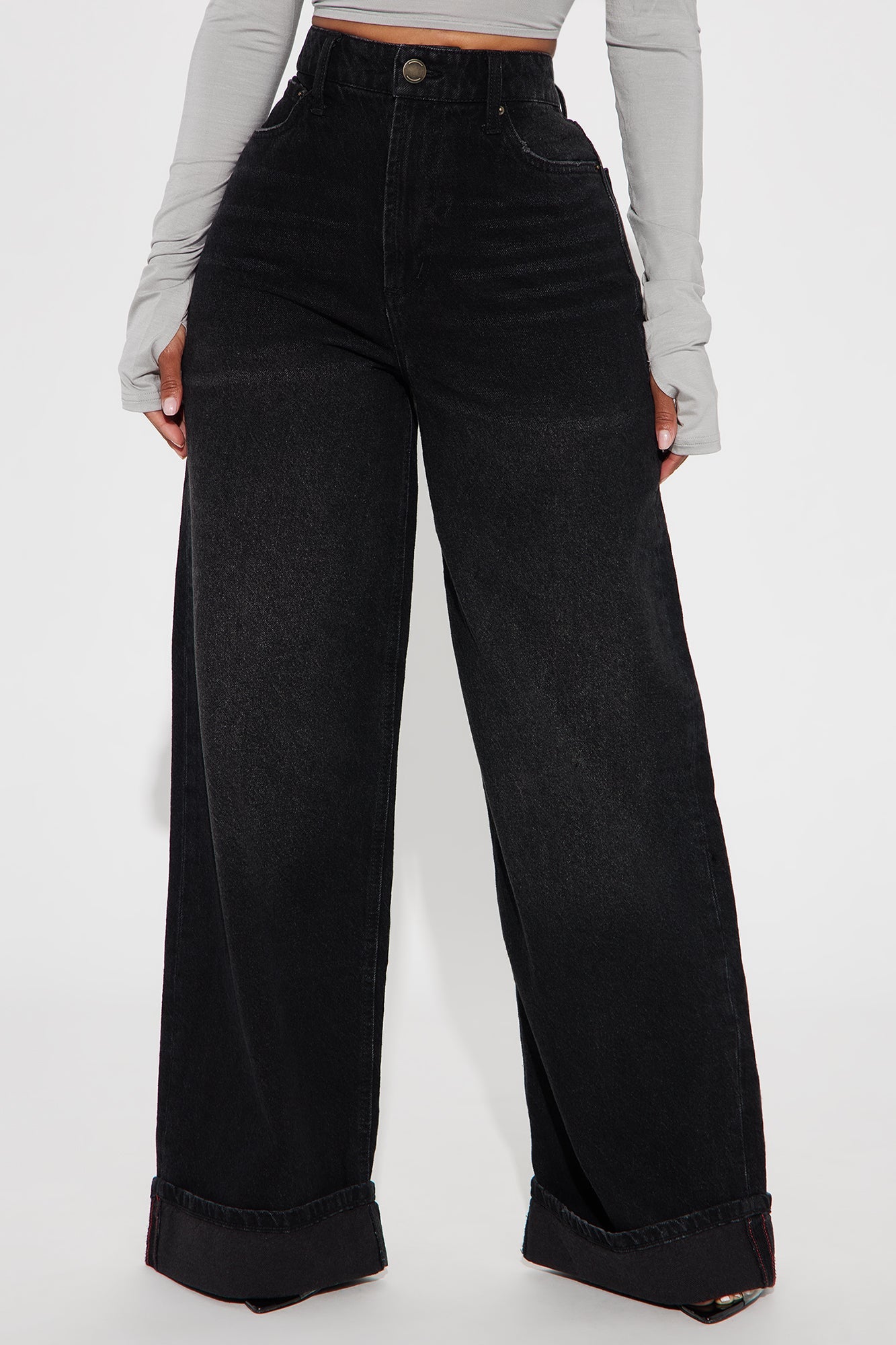 Anika Cuffed Wide Leg Jeans - Black Wash