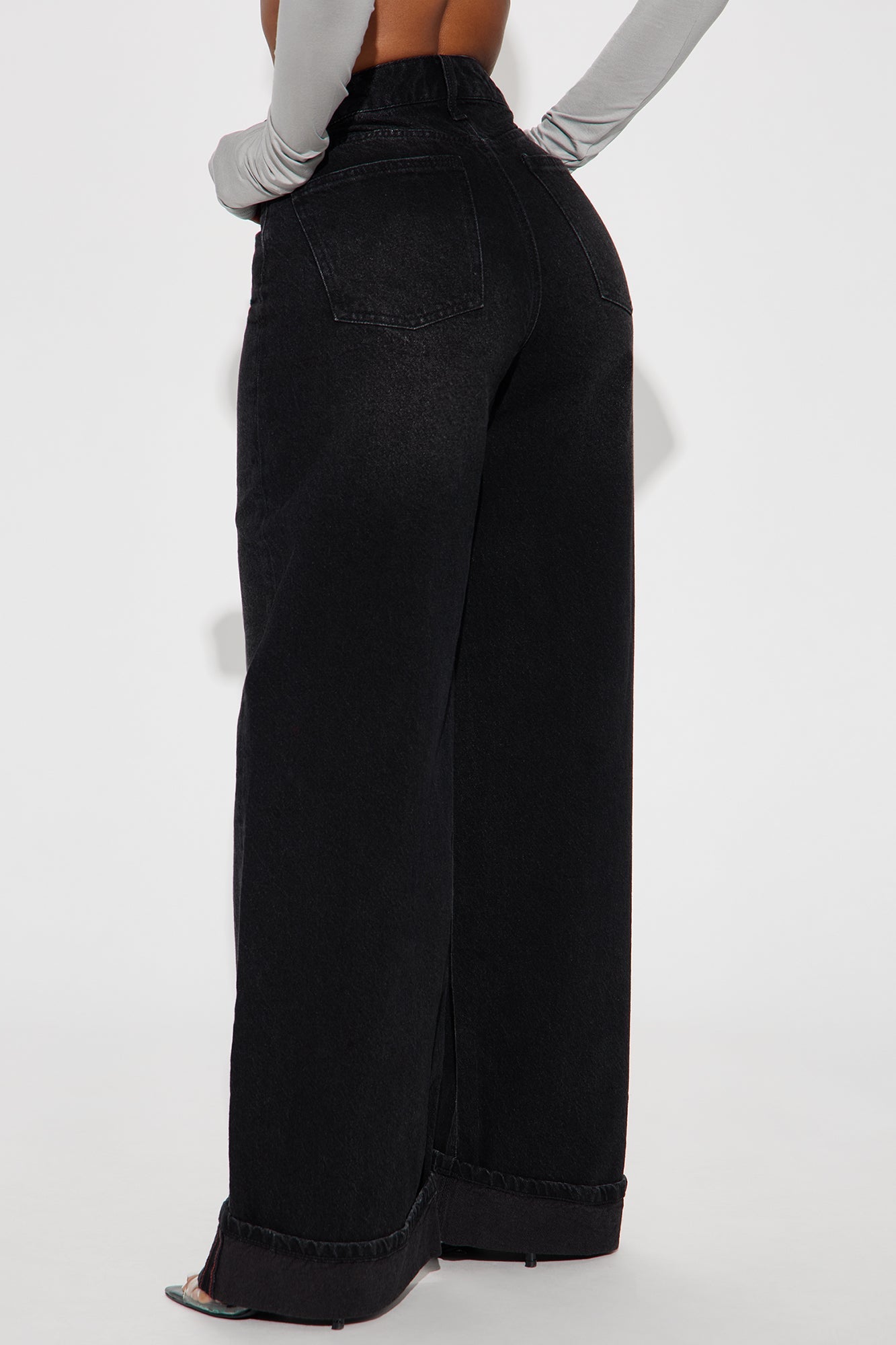 Anika Cuffed Wide Leg Jeans - Black Wash