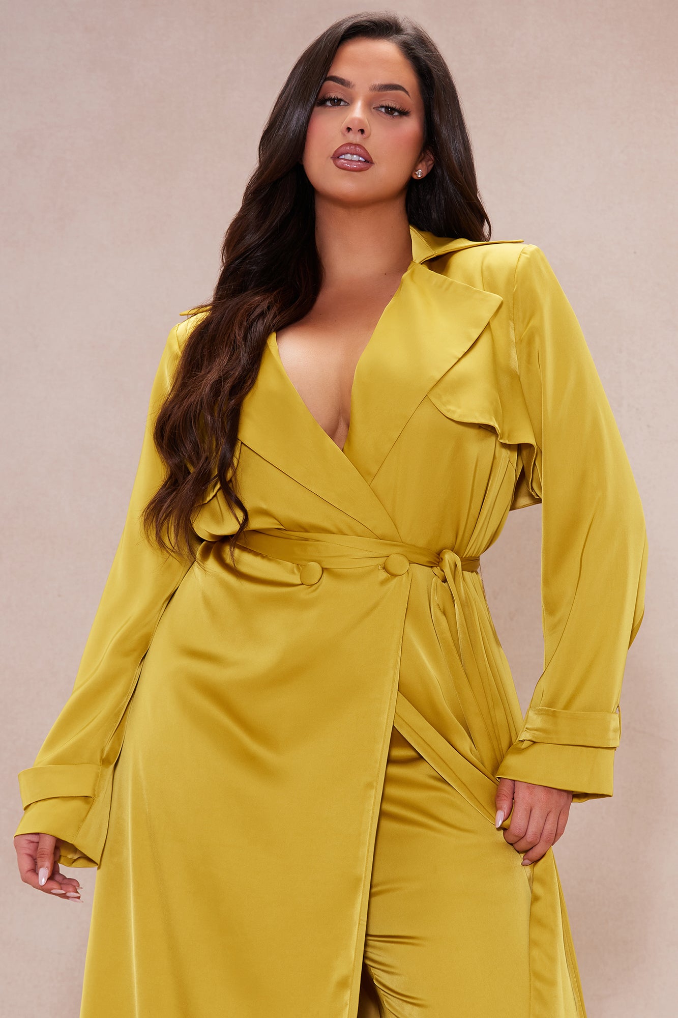 Gabriella Satin Trench Coat And Pant Set - Chartreuse