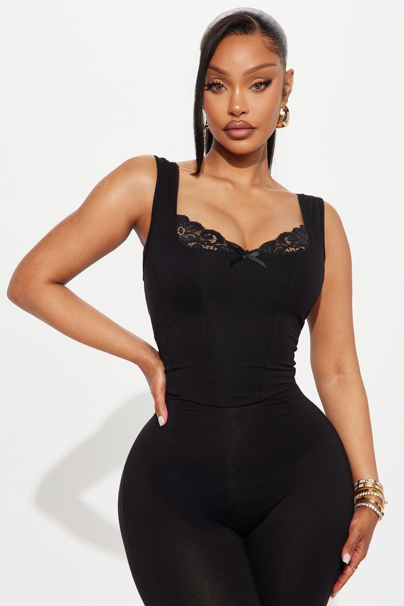 Myrah Lace Trim Capri Jumpsuit - Black