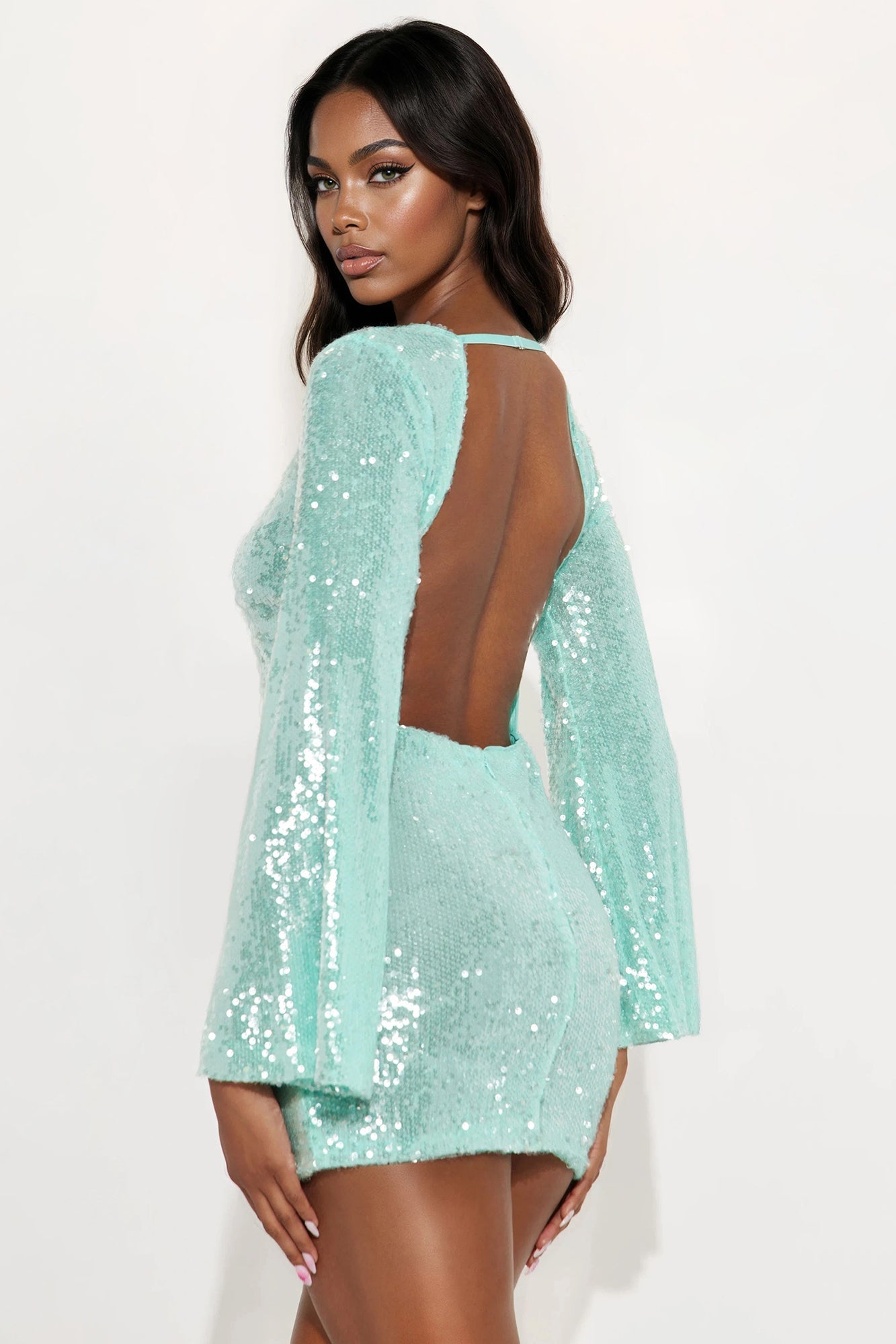 Cassie Long Sleeve Sequin Mini Dress - Aqua