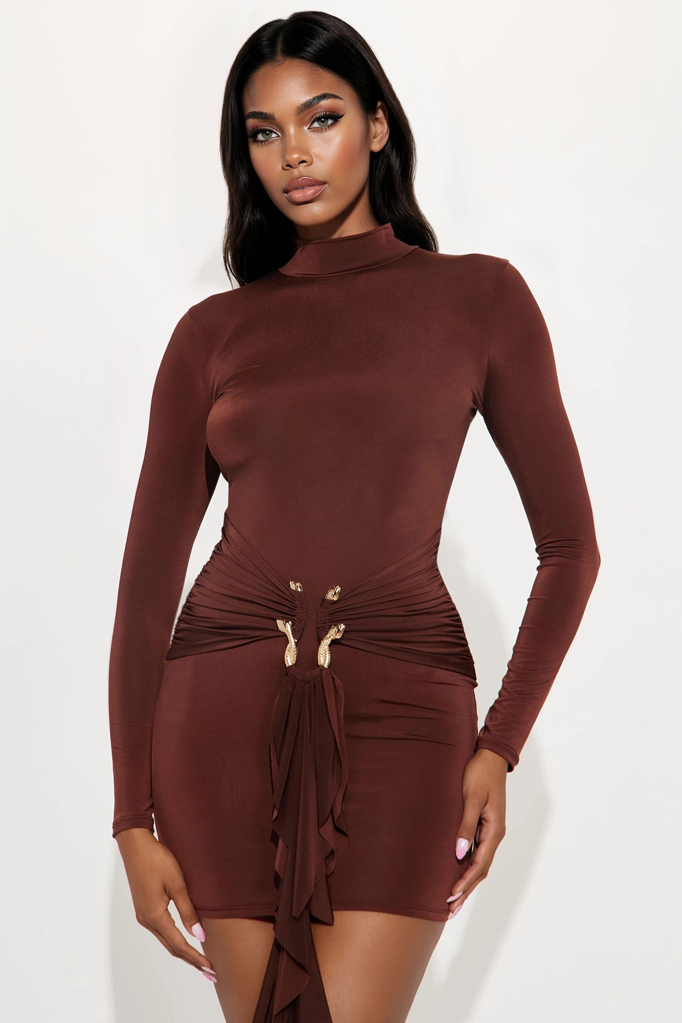 In The Moment Long Sleeve Mini Dress - Chocolate