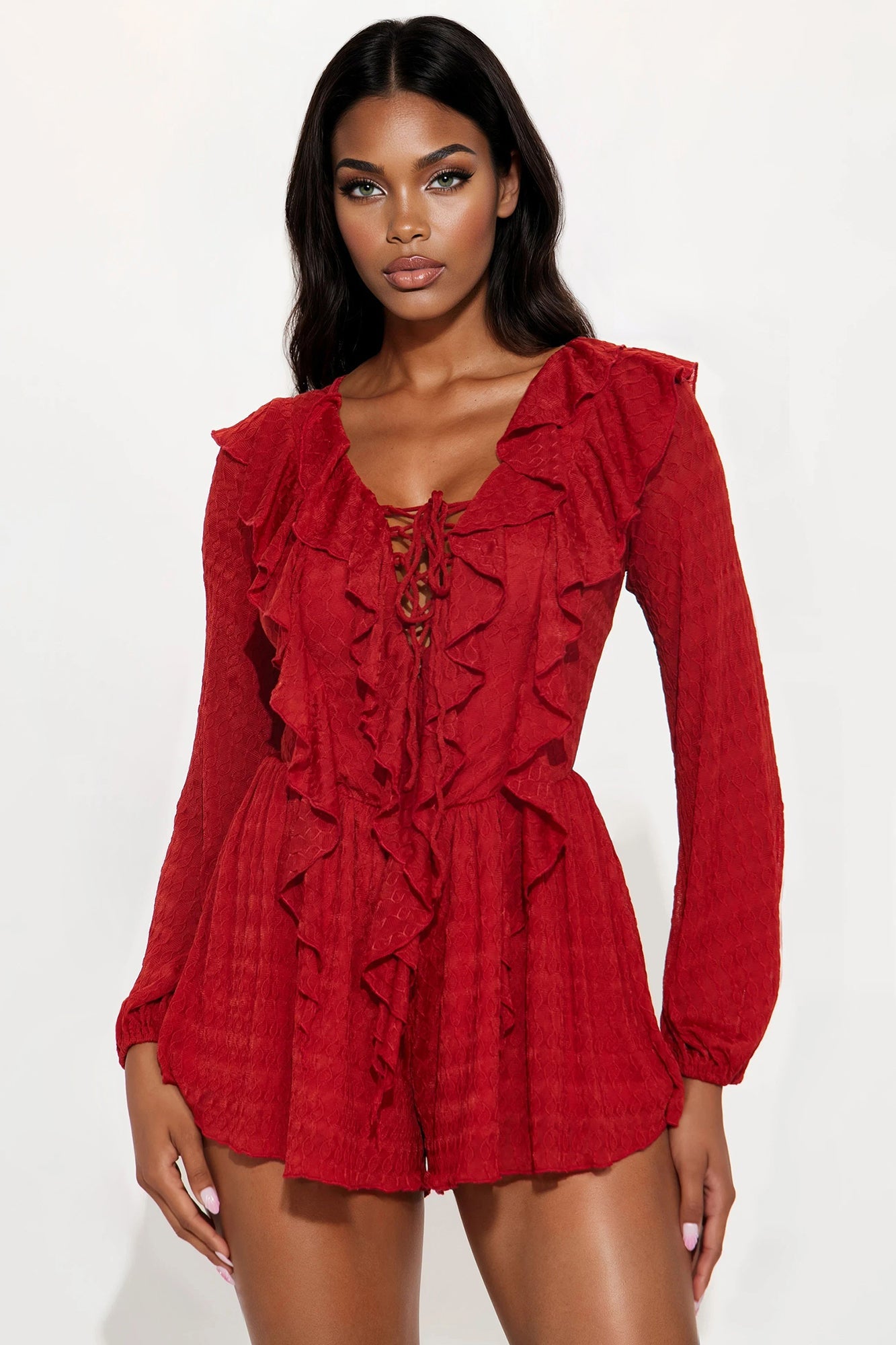 Charlena Jacquard Long Sleeve Romper - Brick Red