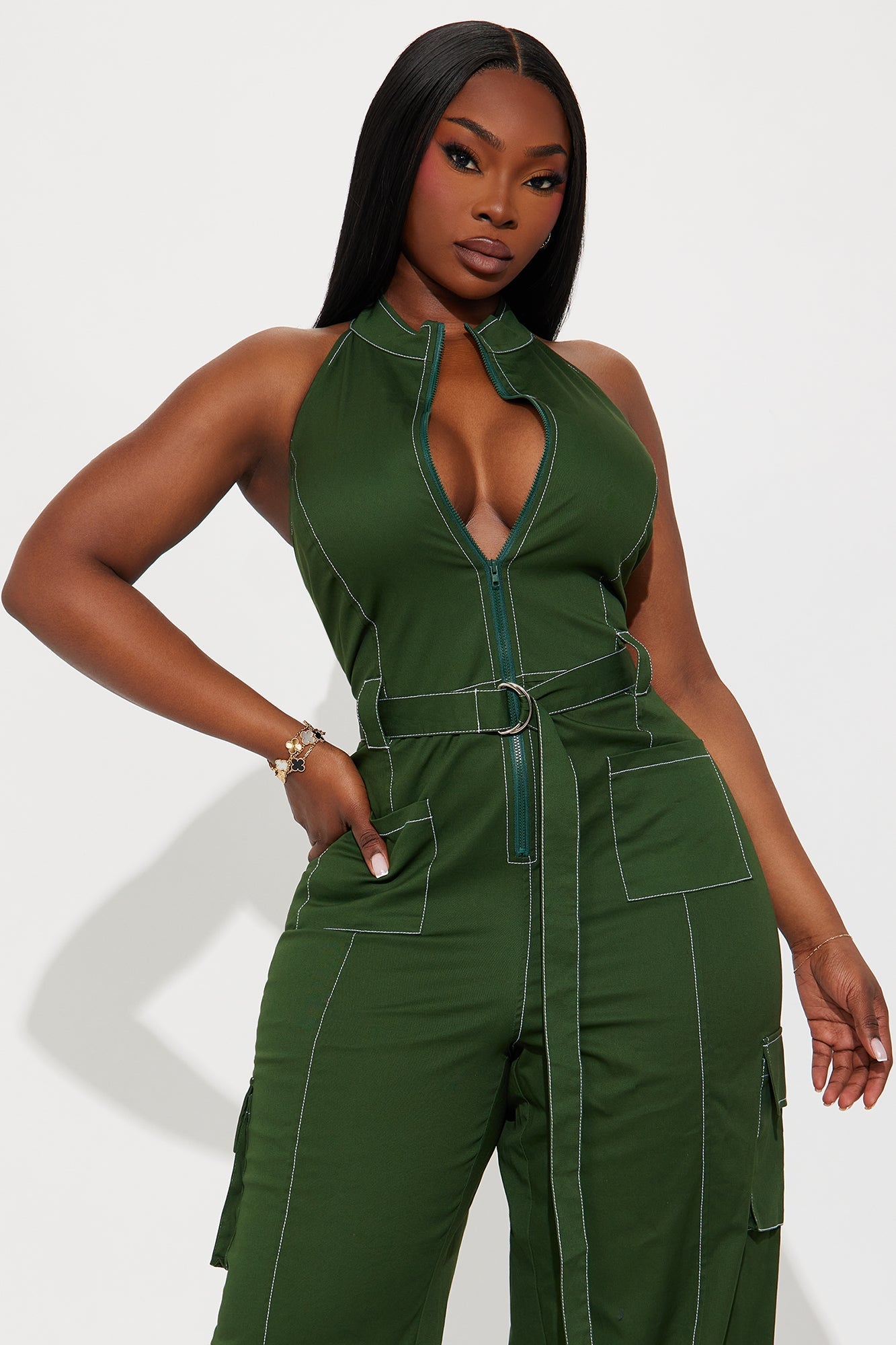 Naya Twill Zip Up Jumpsuit - Green