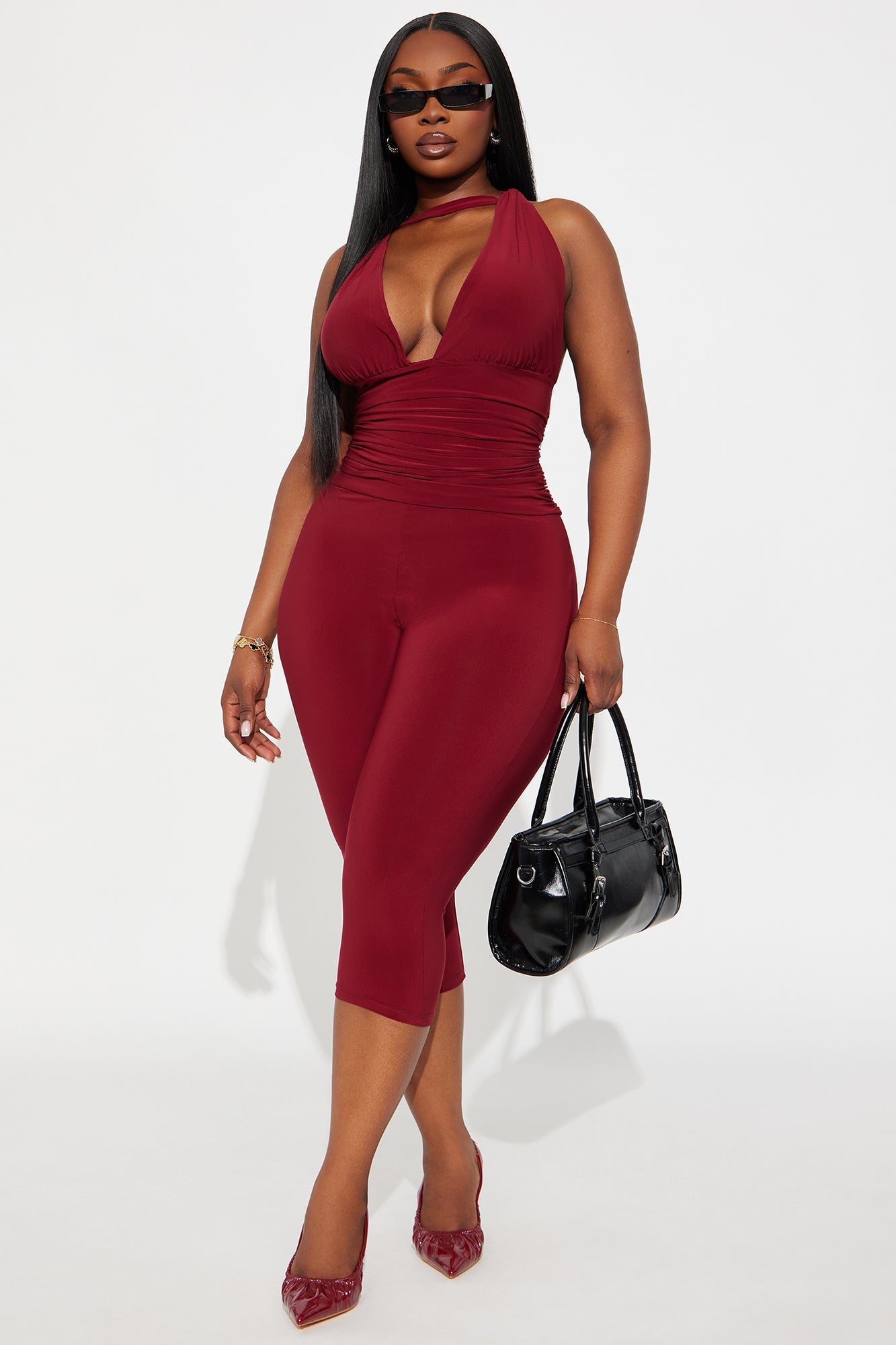 On My Way Capri Jumpsuit - Burgundy