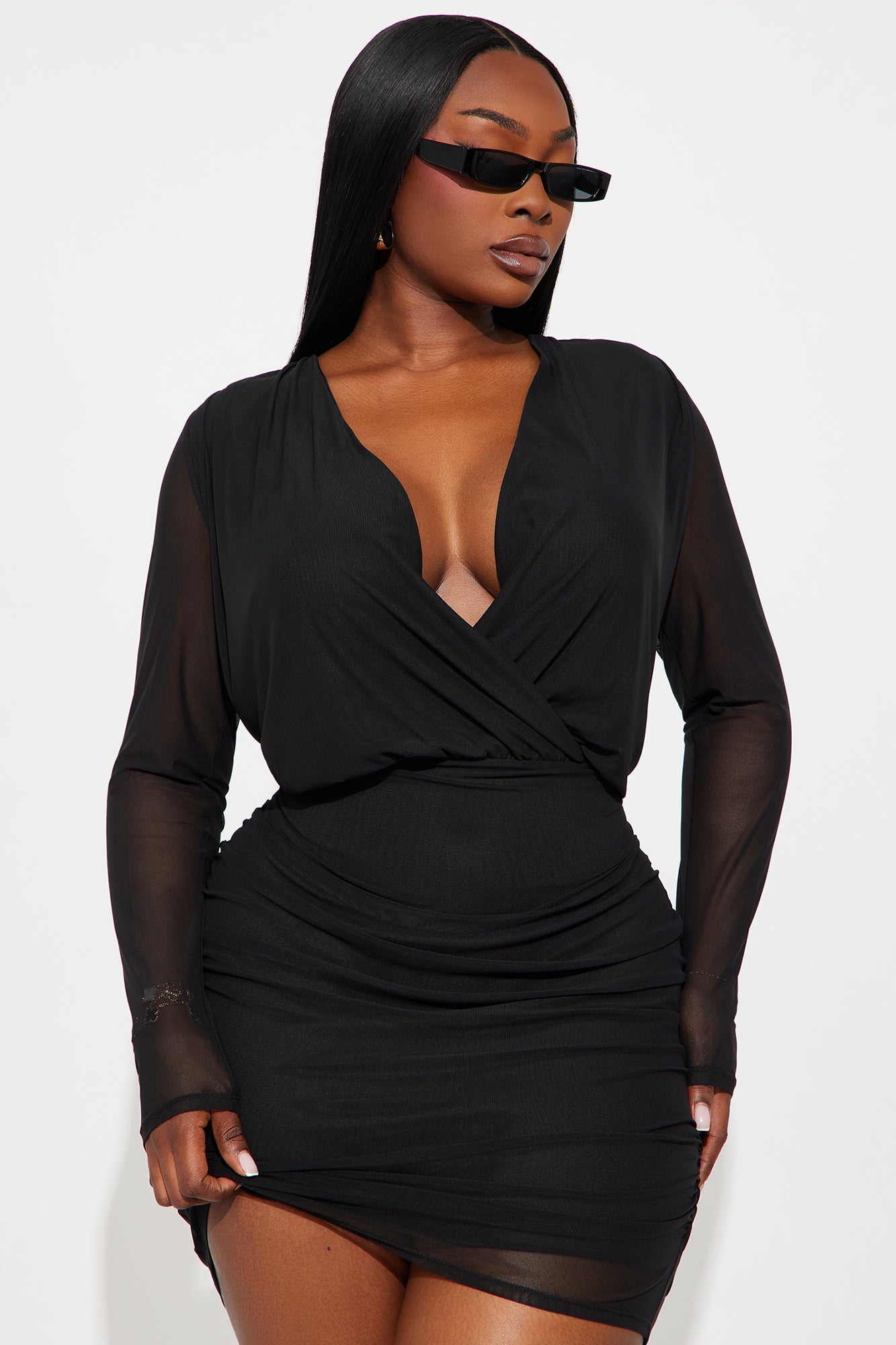Romy Ruched Mesh Mini Dress - Black