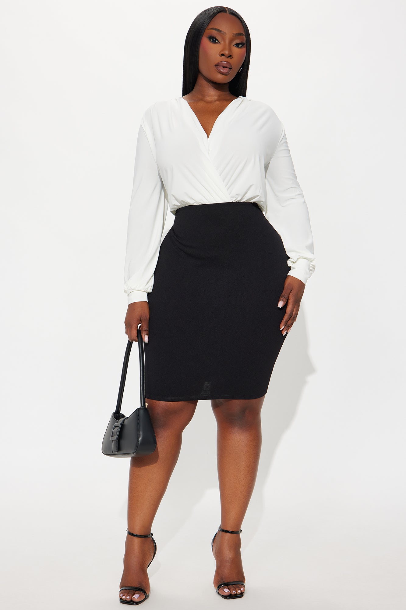 Power Move Long Sleeve Midi Dress - Black/White