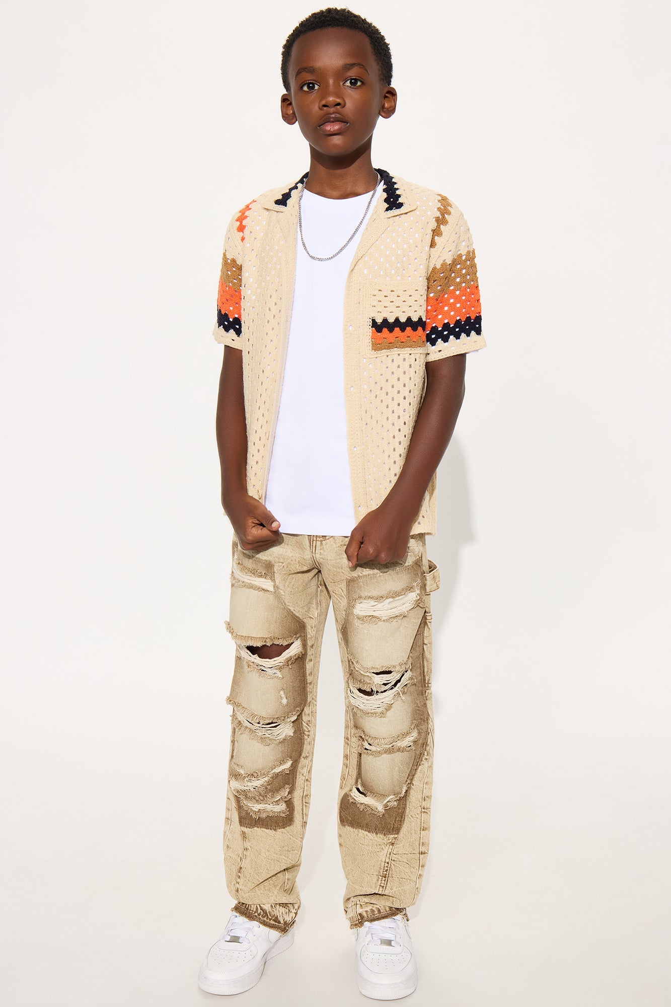 Mini Resort Life Crochet Cuban Collar Shirt - Tan/Multi