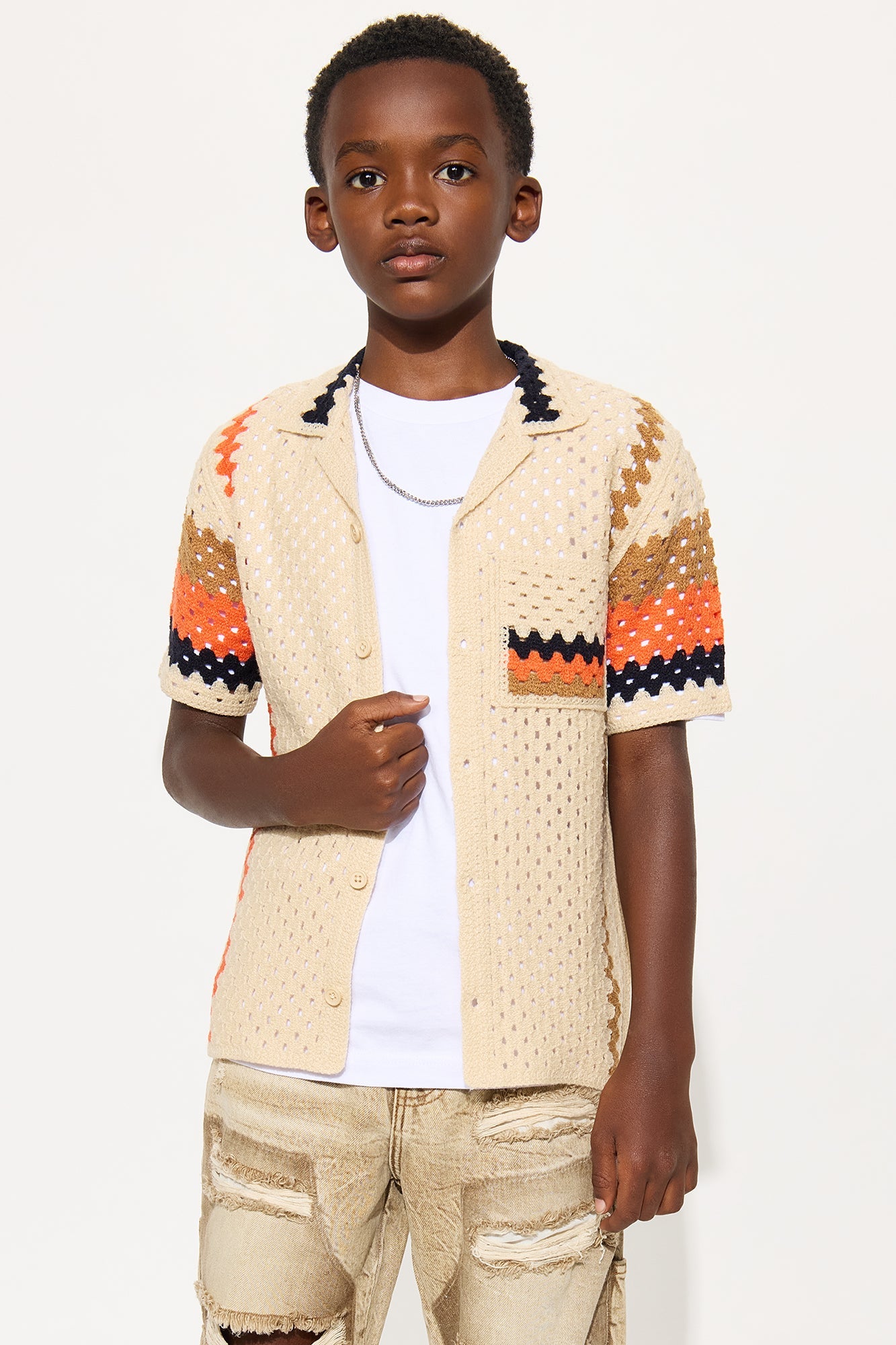 Mini Resort Life Crochet Cuban Collar Shirt - Tan/Multi