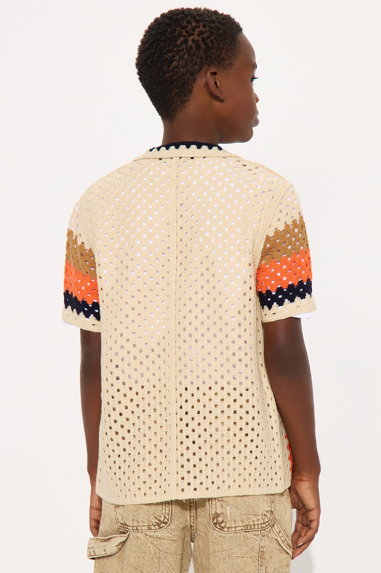 Mini Resort Life Crochet Cuban Collar Shirt - Tan/Multi