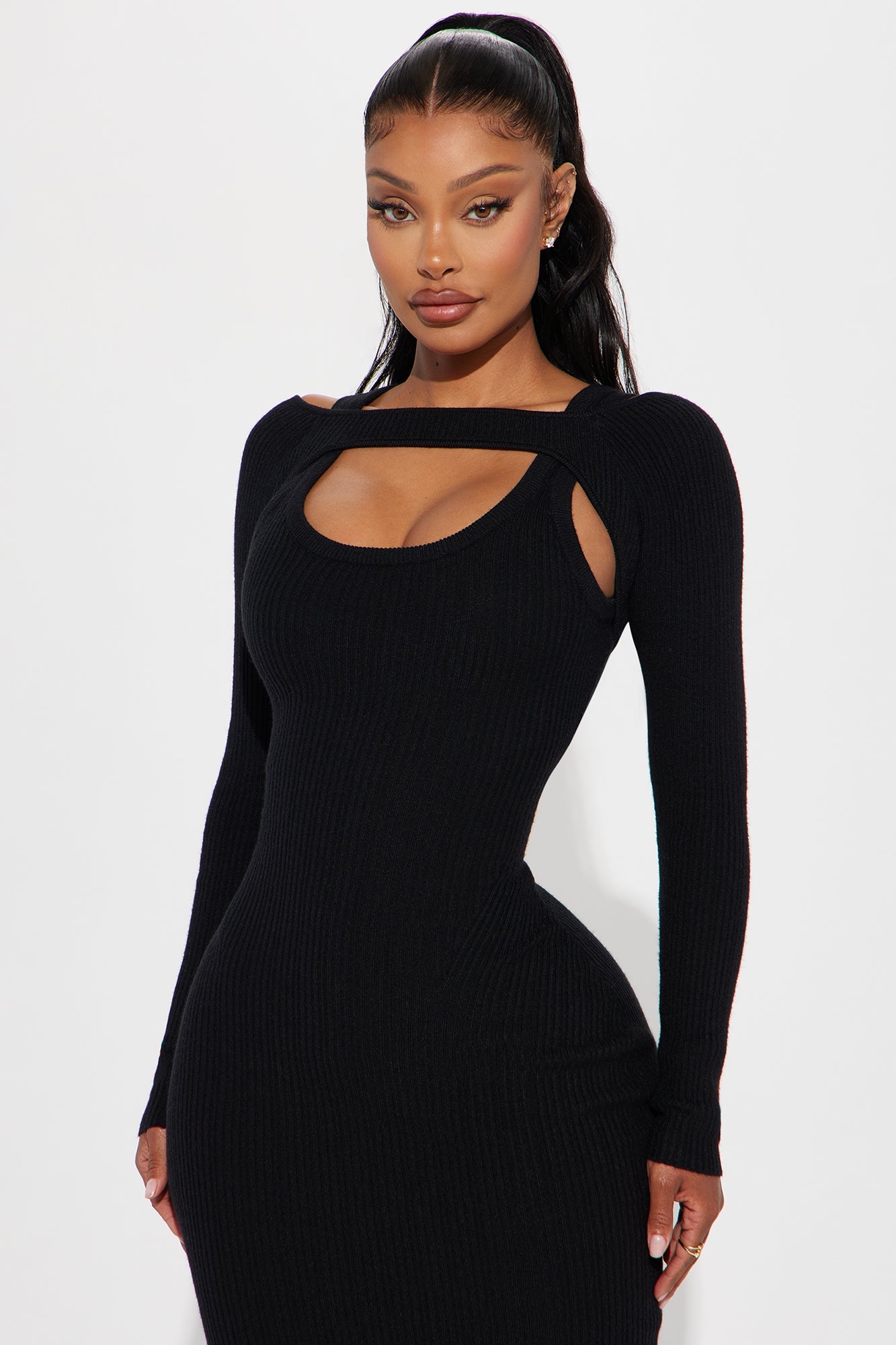 Cold Shoulder Sweater Midi Dress - Black
