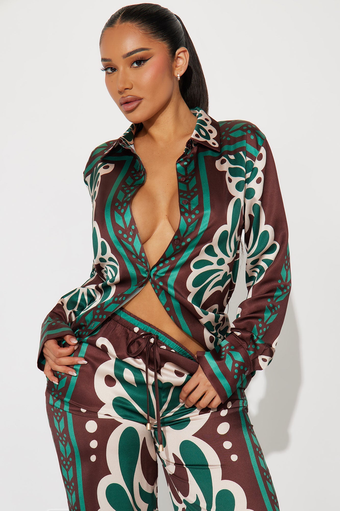 Taylor Satin Pant Set - Brown Combo