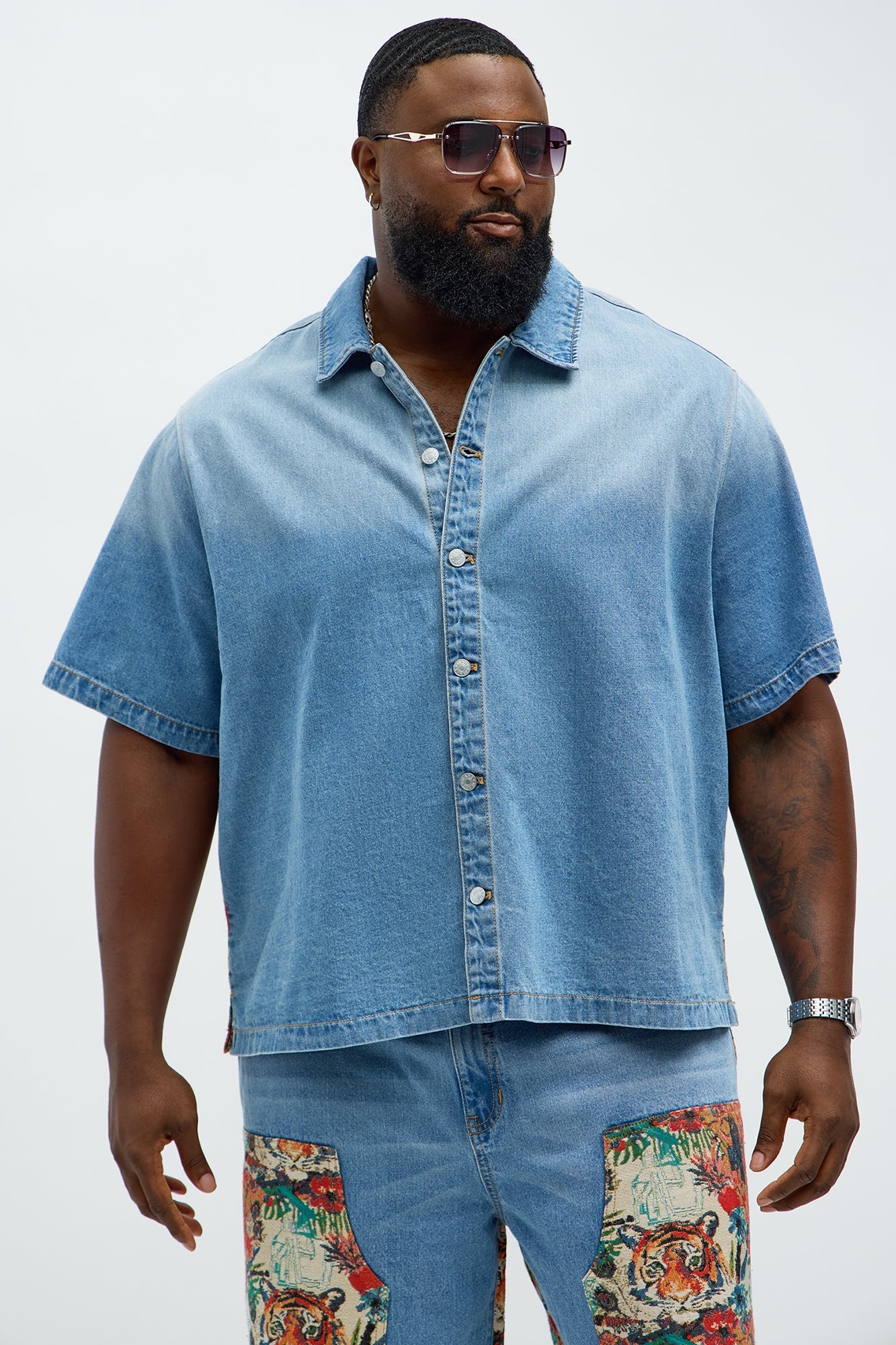 Relaxed Ansel Tapestry Denim Short Sleeve Shirt - Blue/combo