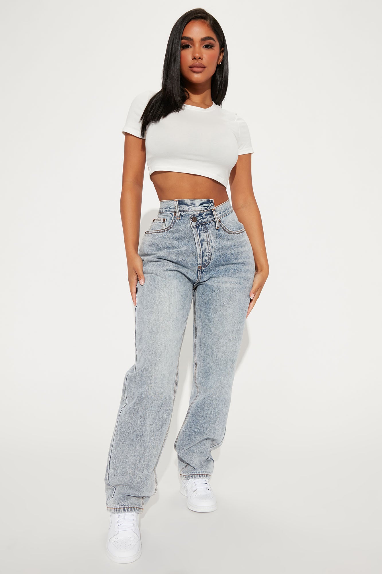 Short Inseam Crossover Straight Leg Jeans - Light Blue Wash