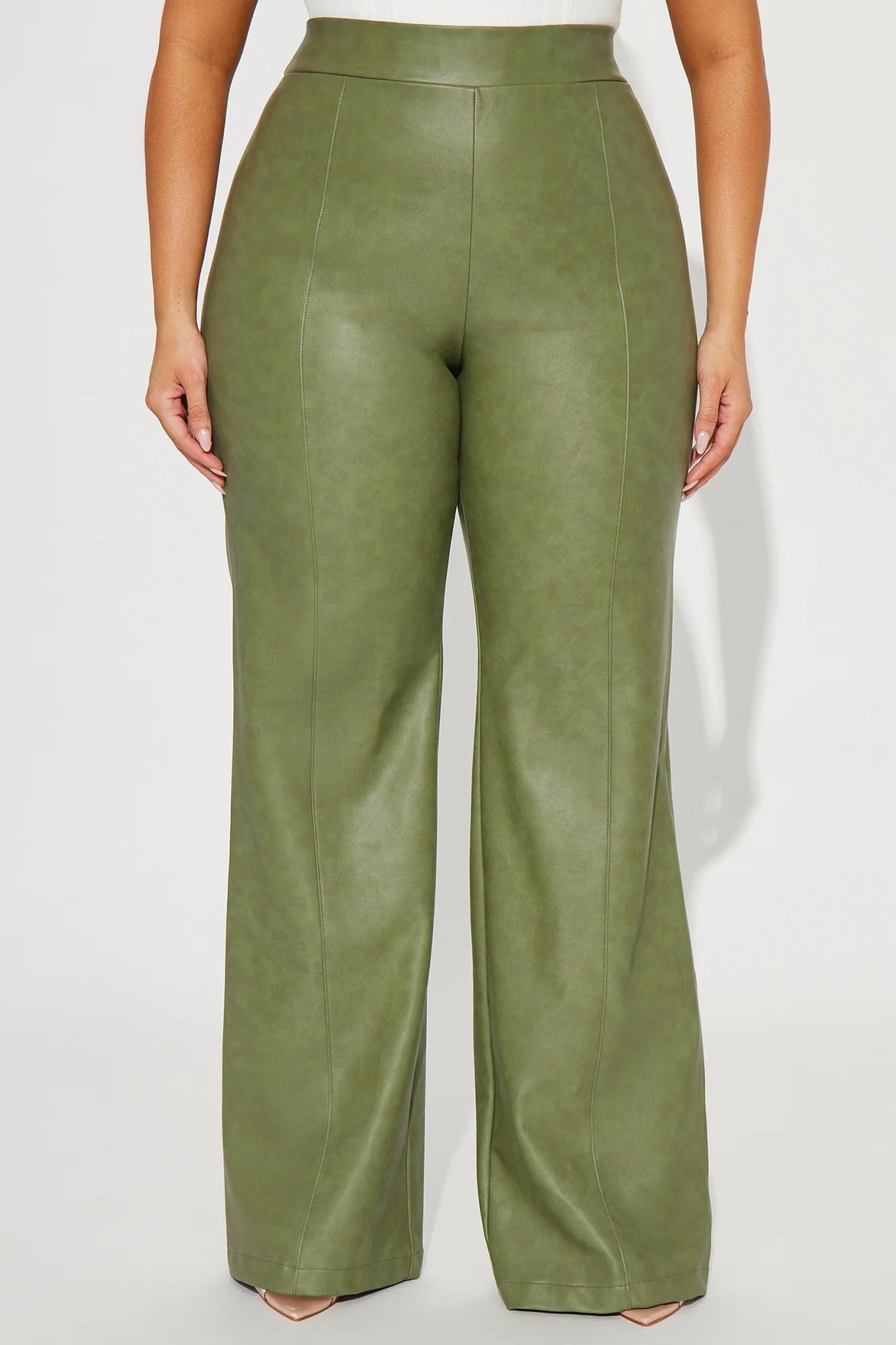 Victoria High Waisted Washed Faux Leather Dress Pants - Olive