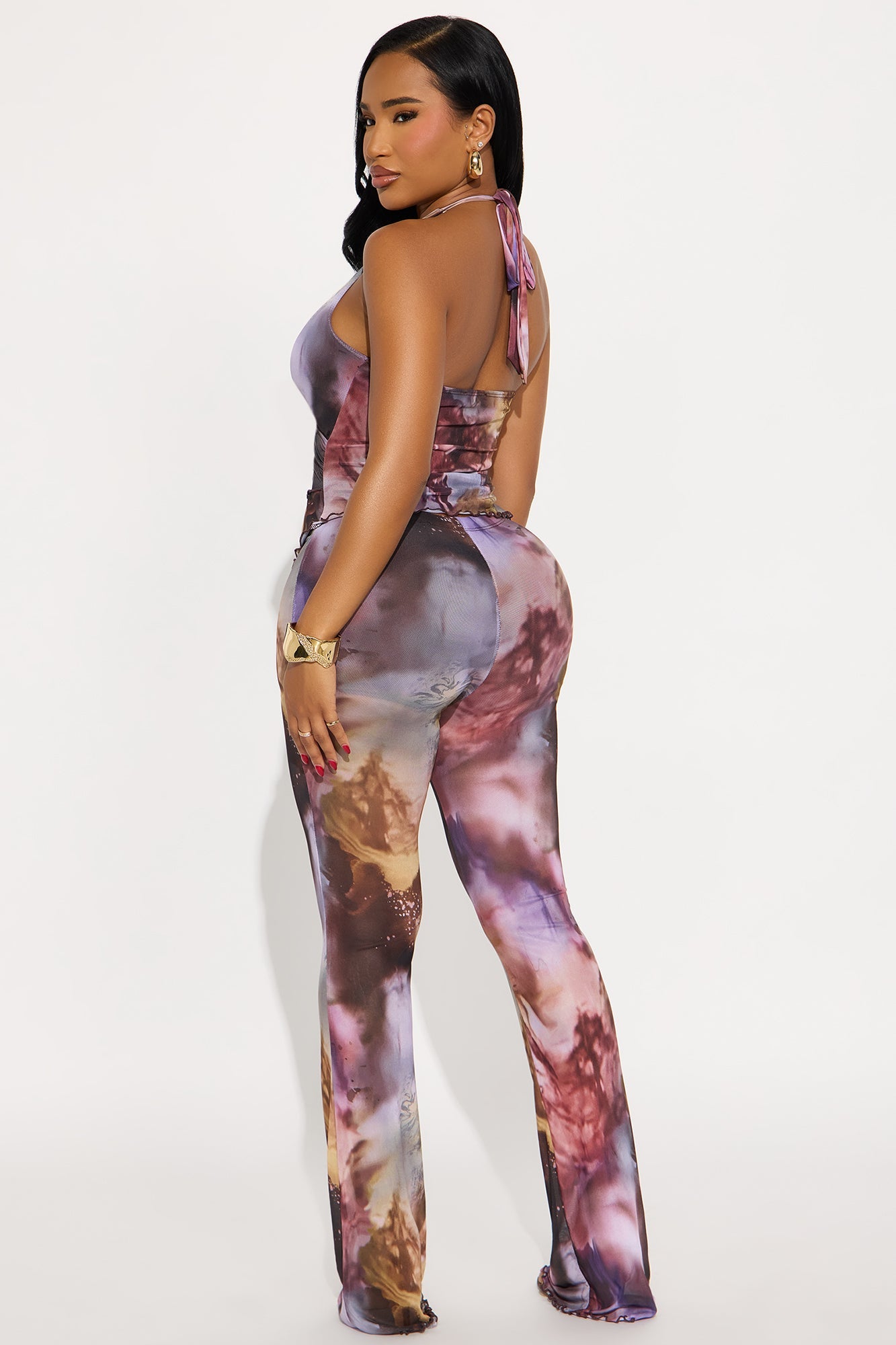 After Dark Mesh Flare Leg Jumpsuit - Plum/Multi