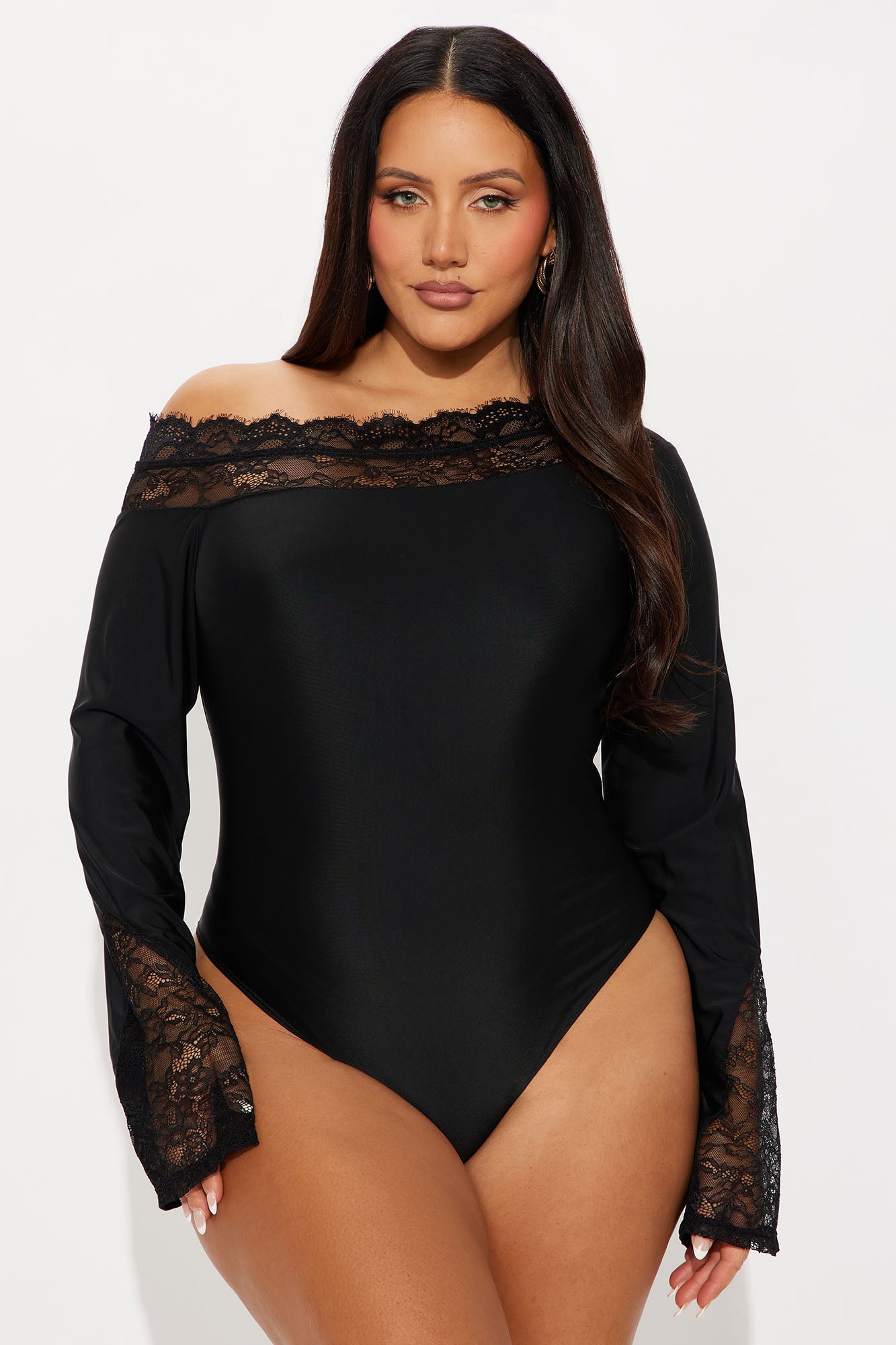 Château Living Off Shoulder Lace Trim Bodysuit - Black