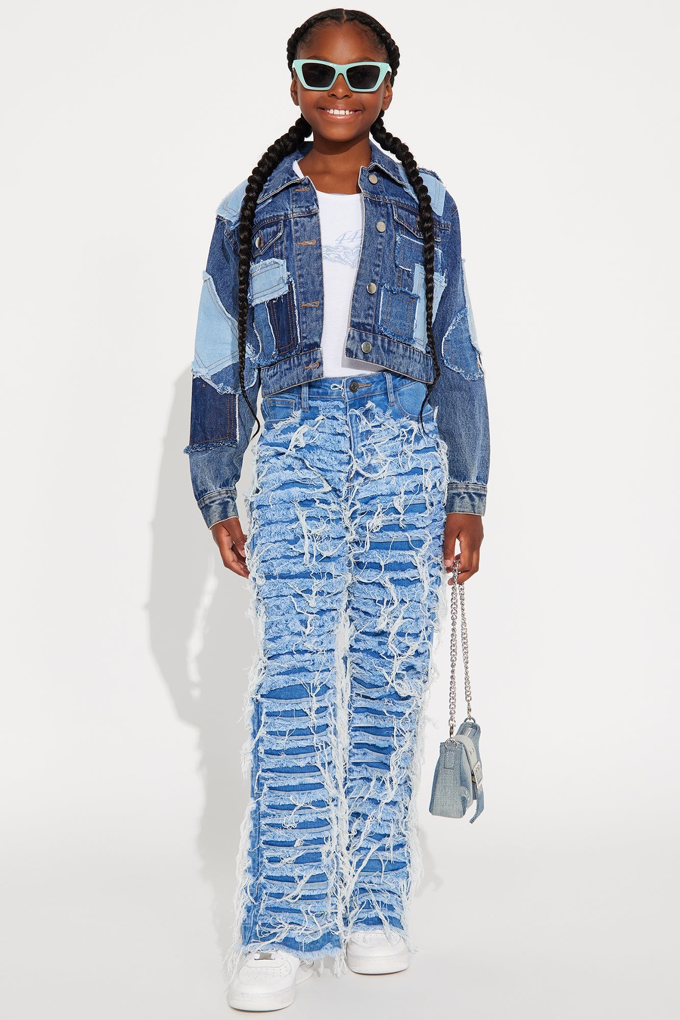 Mini Samantha Heavy Weight Frayed Patchwork Denim Jacket - Blue/combo