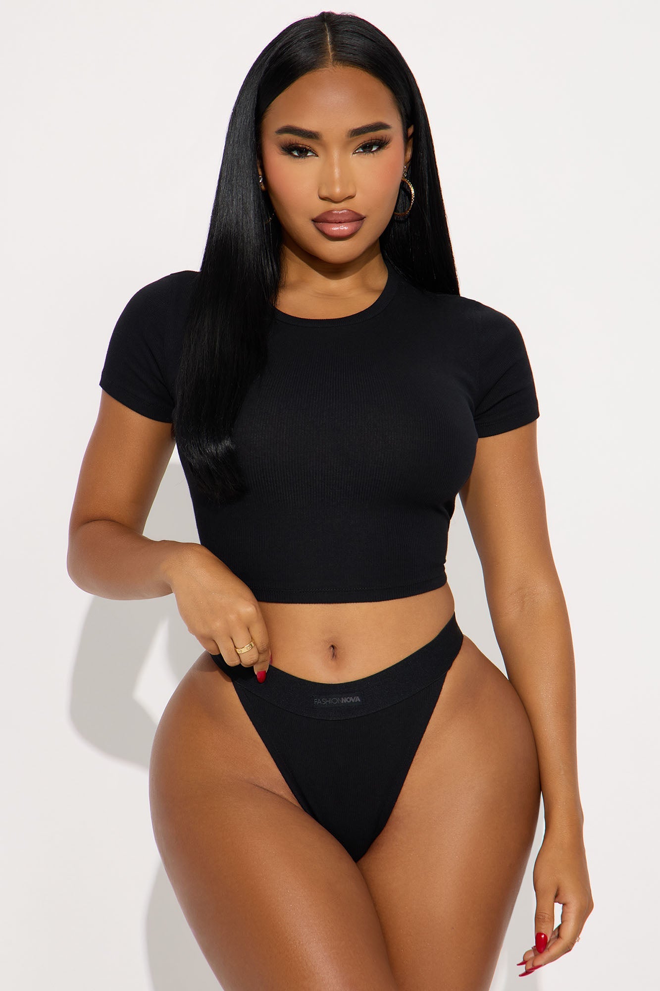 FN Mood TShirt And Thong 2 Piece Cotton Ribbed Set - Black