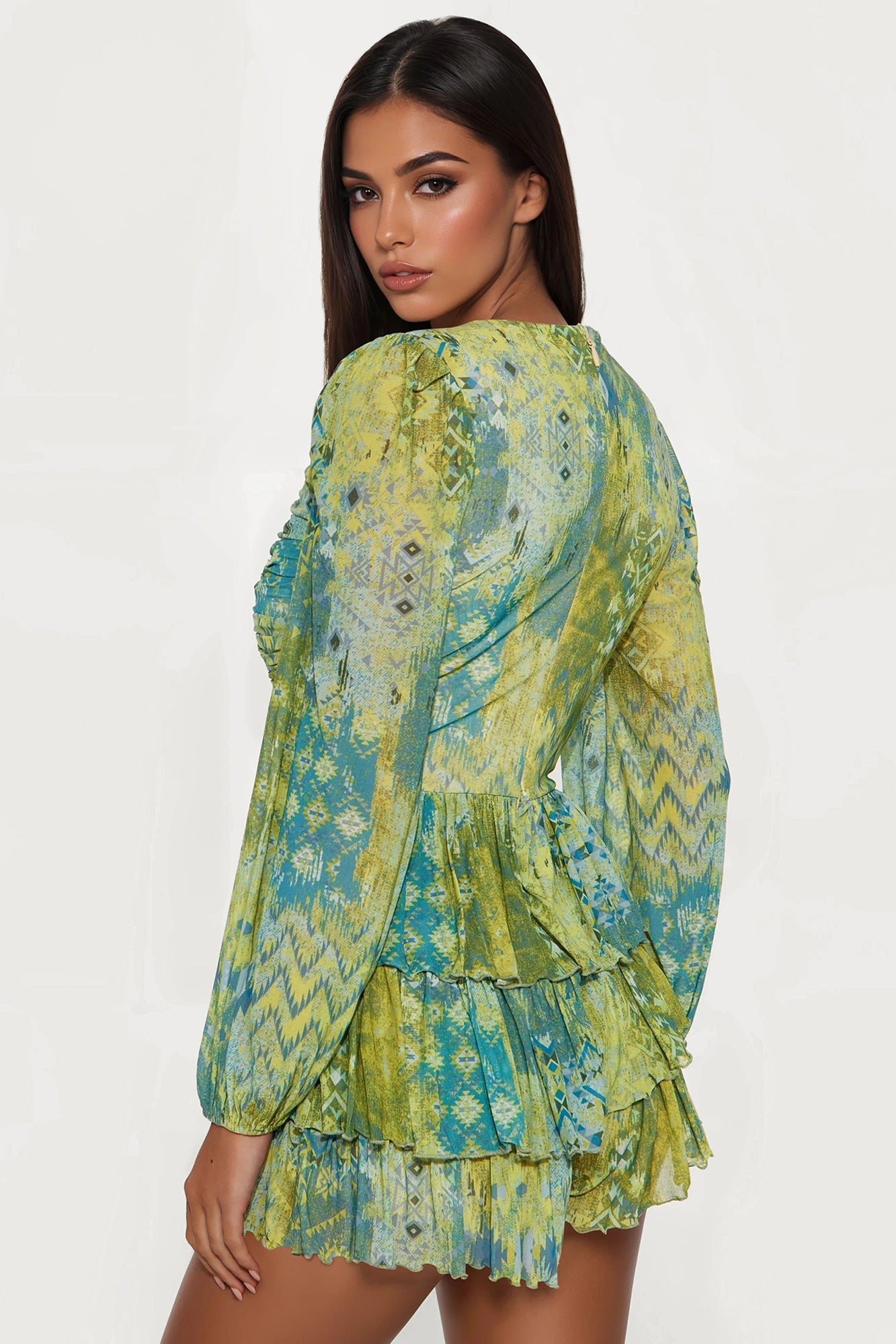 Victoria Ruched Mesh Romper - Sage/combo