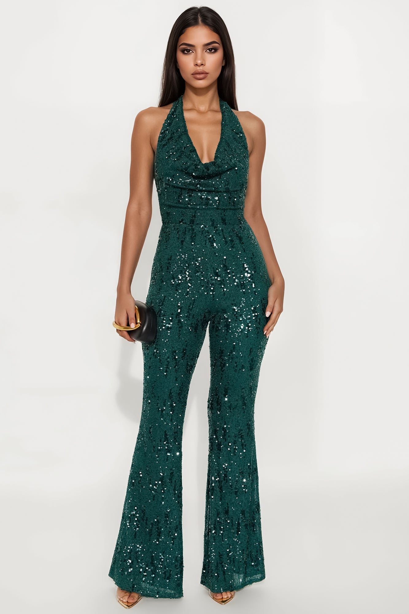 Astrid Backless Sequin Halter Jumpsuit - Teal