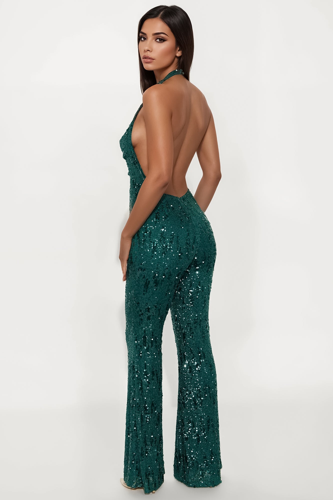 Astrid Backless Sequin Halter Jumpsuit - Teal