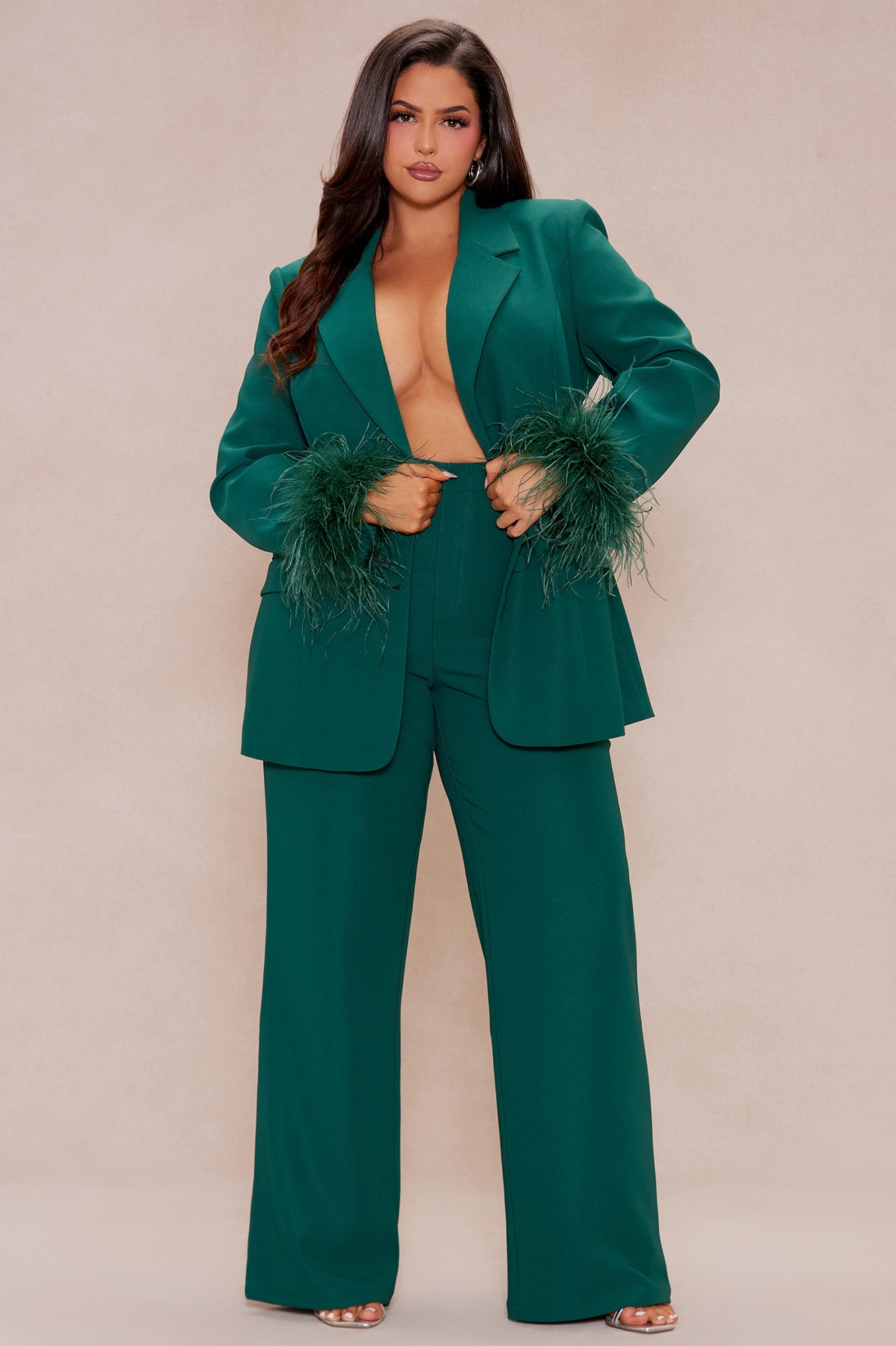 Clarissa Feather Blazer Suit Set - Hunter