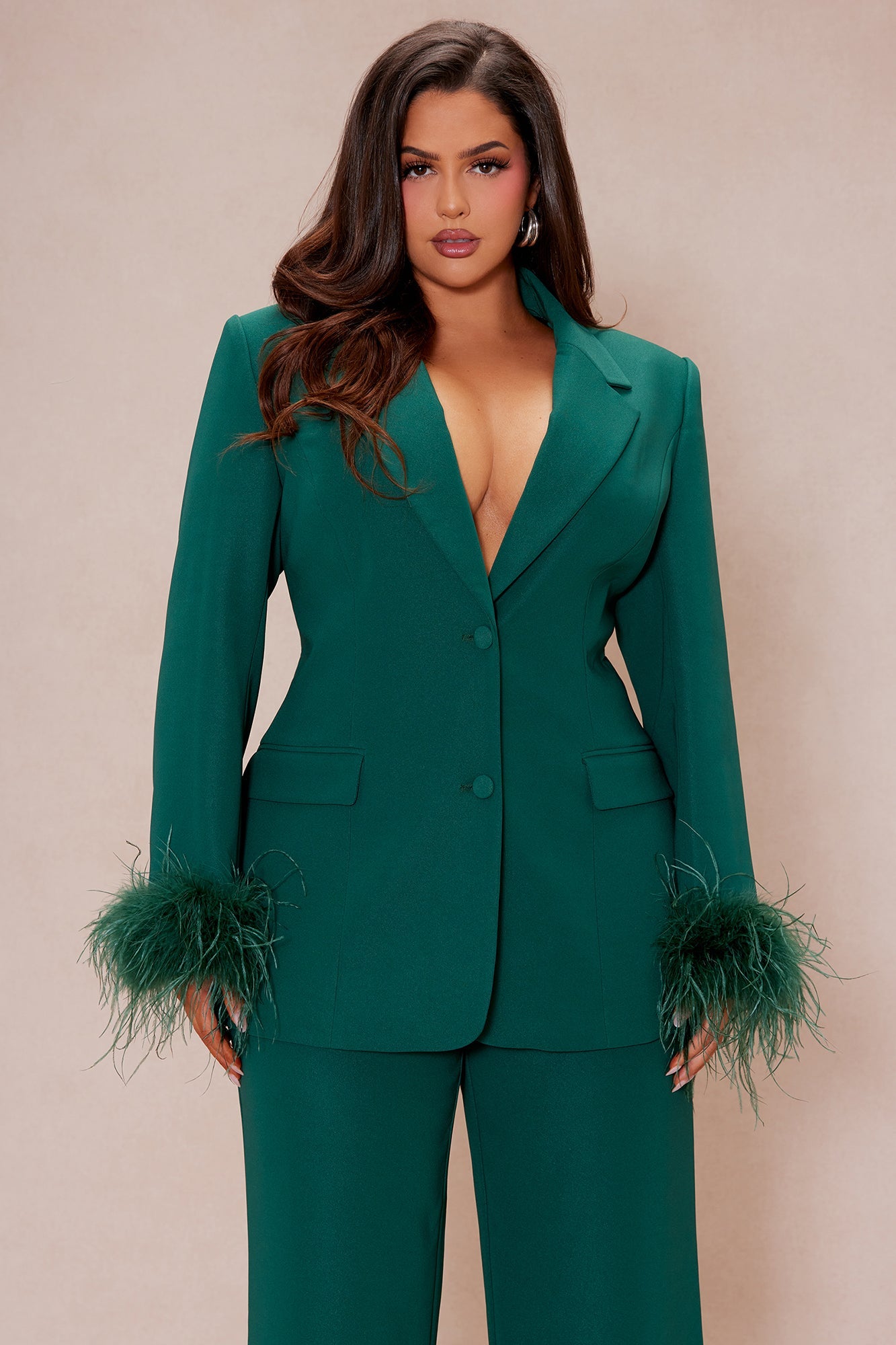 Clarissa Feather Blazer Suit Set - Hunter