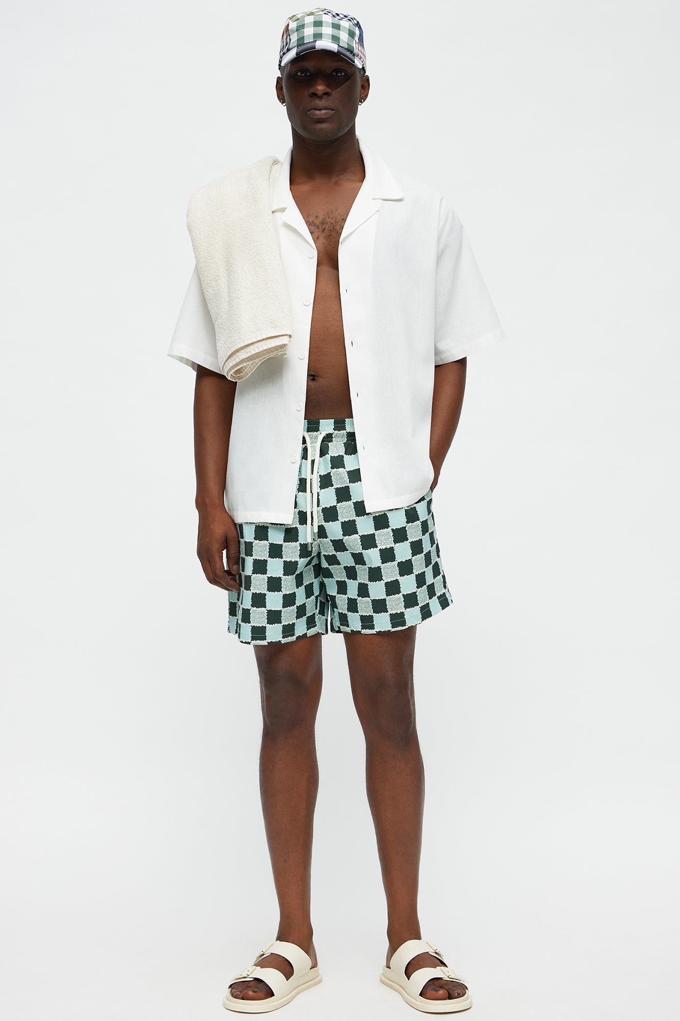 Coastal Squares Printed Checkered Swim Mid Trunk - Green/combo