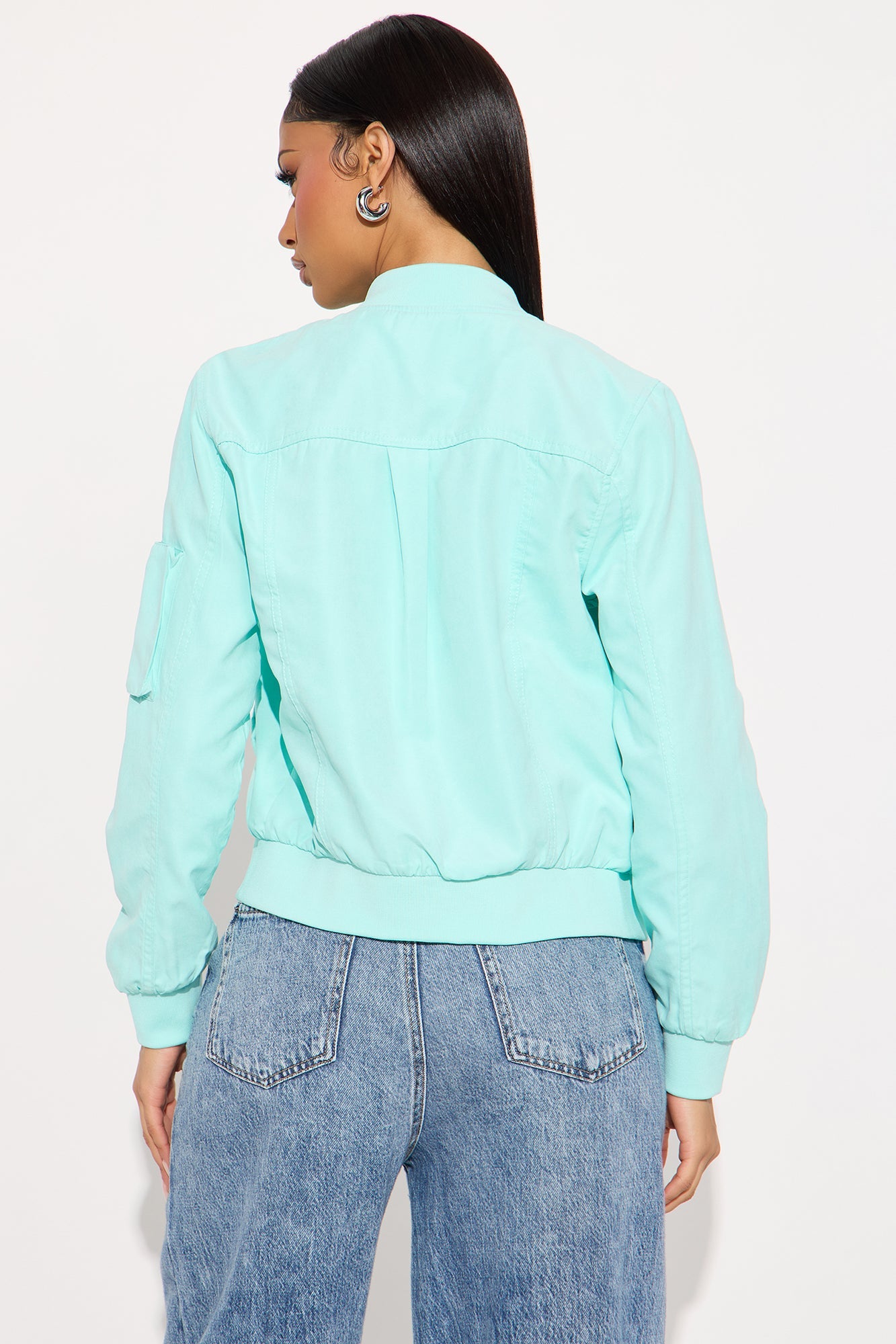 Good Vibes Faux Suede Bomber Jacket - Aqua