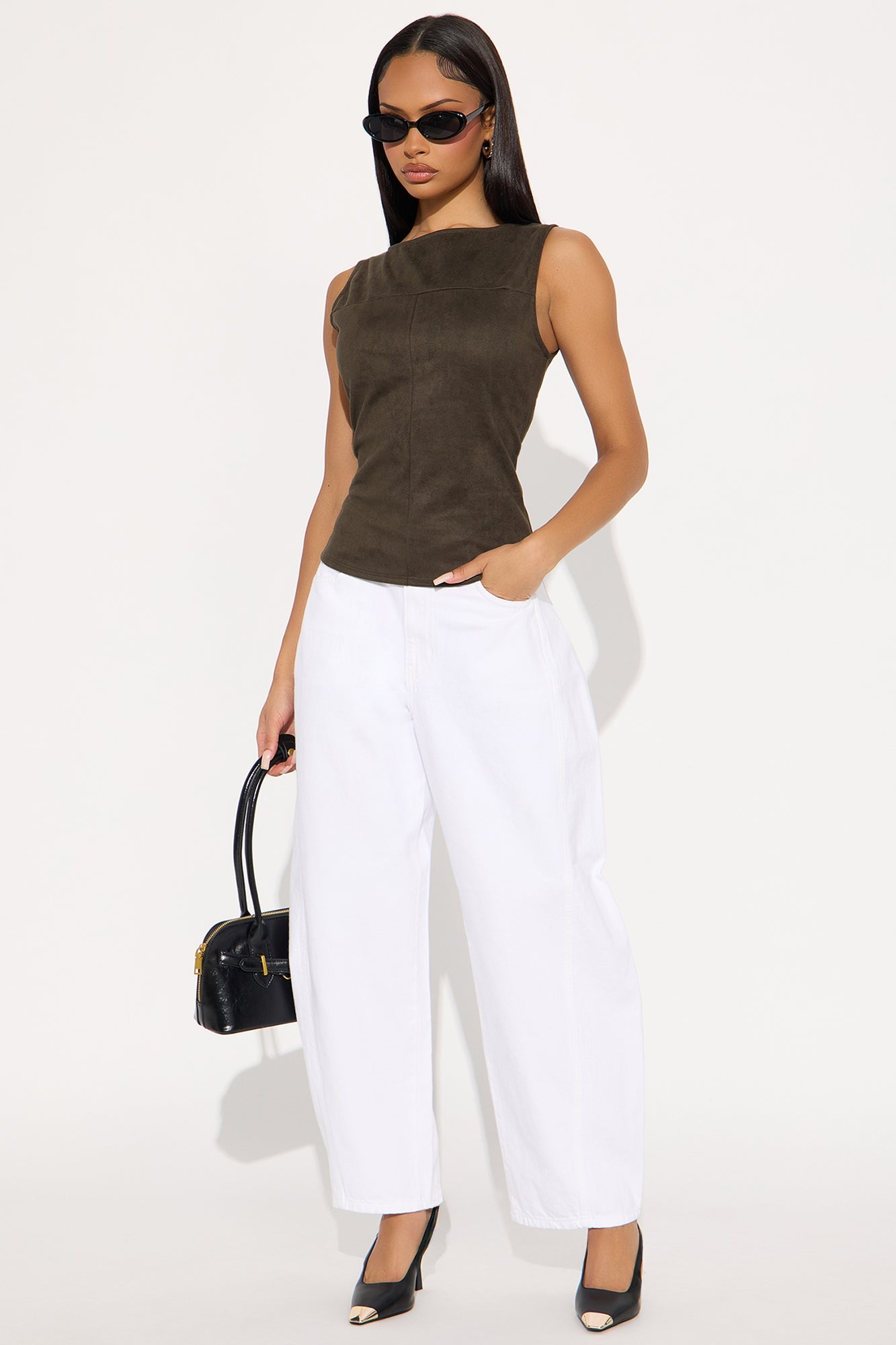 Ori High Neck Faux Suede Top - Grey