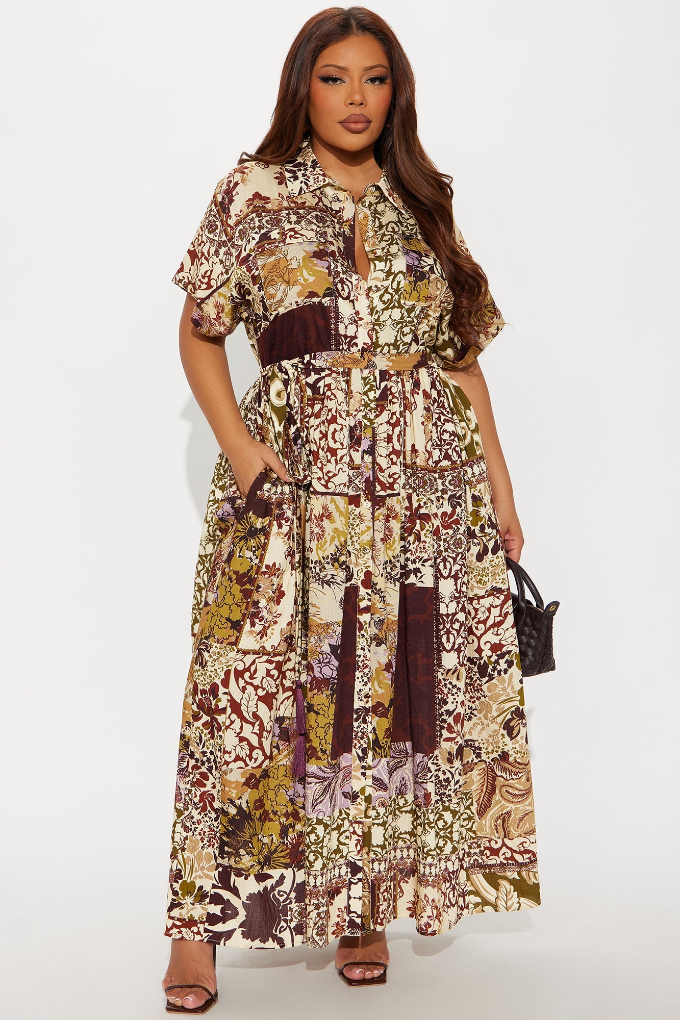 Kaylie Linen Maxi Shirt Dress - Burgundy/combo