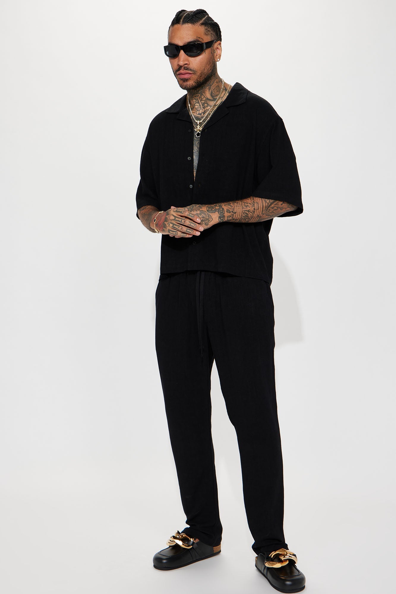 Solid Textured Linen Pull On Side Slit Pants - Black