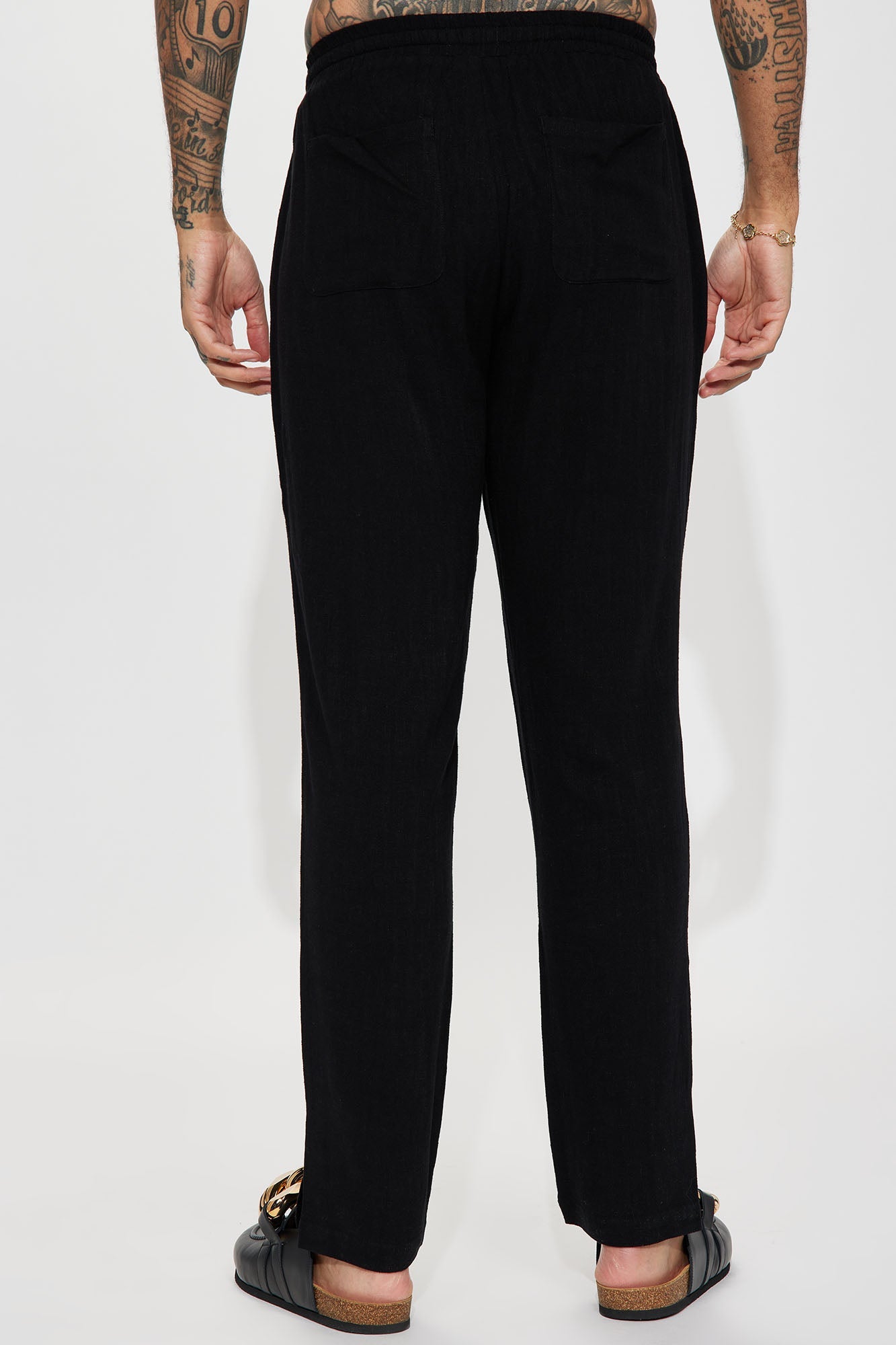 Solid Textured Linen Pull On Side Slit Pants - Black