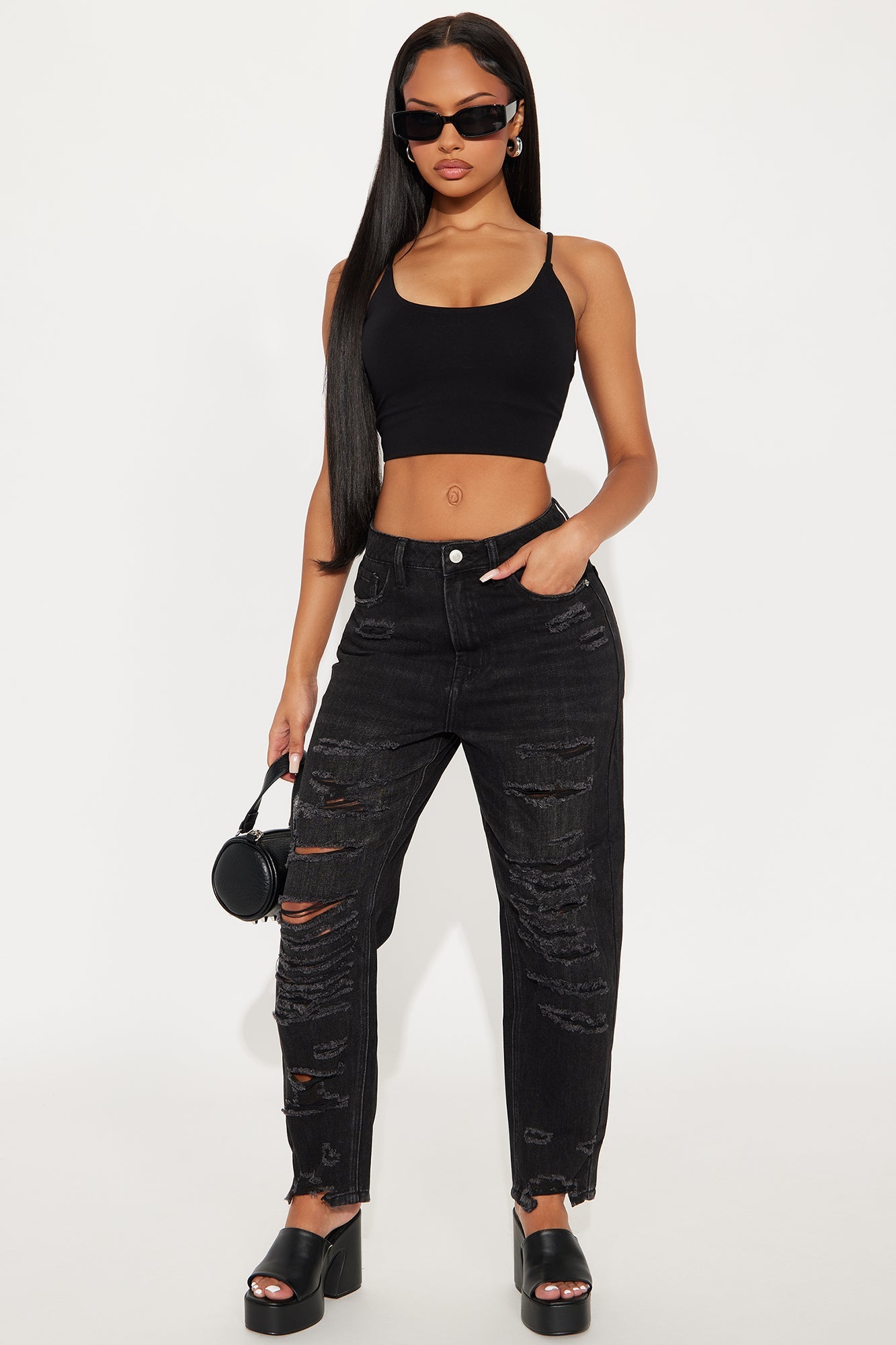 After Party High Waist Destroyed Mom Jeans - Black