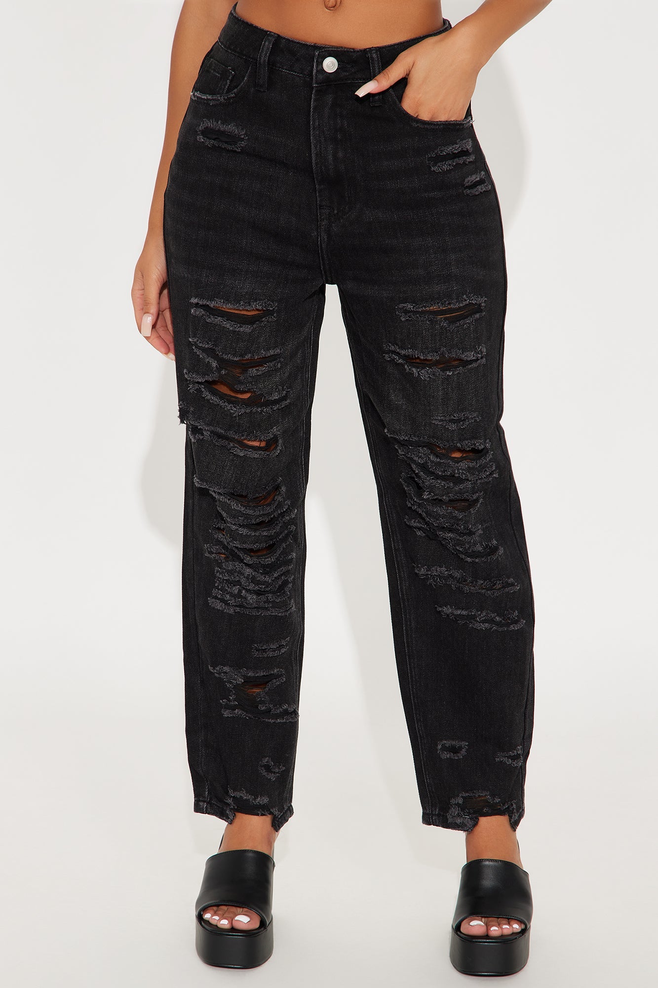 After Party High Waist Destroyed Mom Jeans - Black