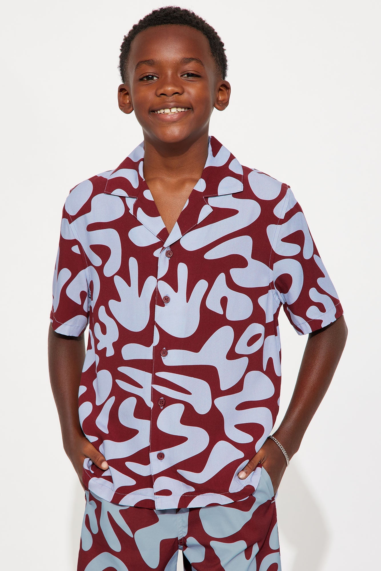 Mini Relaxed Chateau Abstract Button Up Shirt - Burgundy/combo