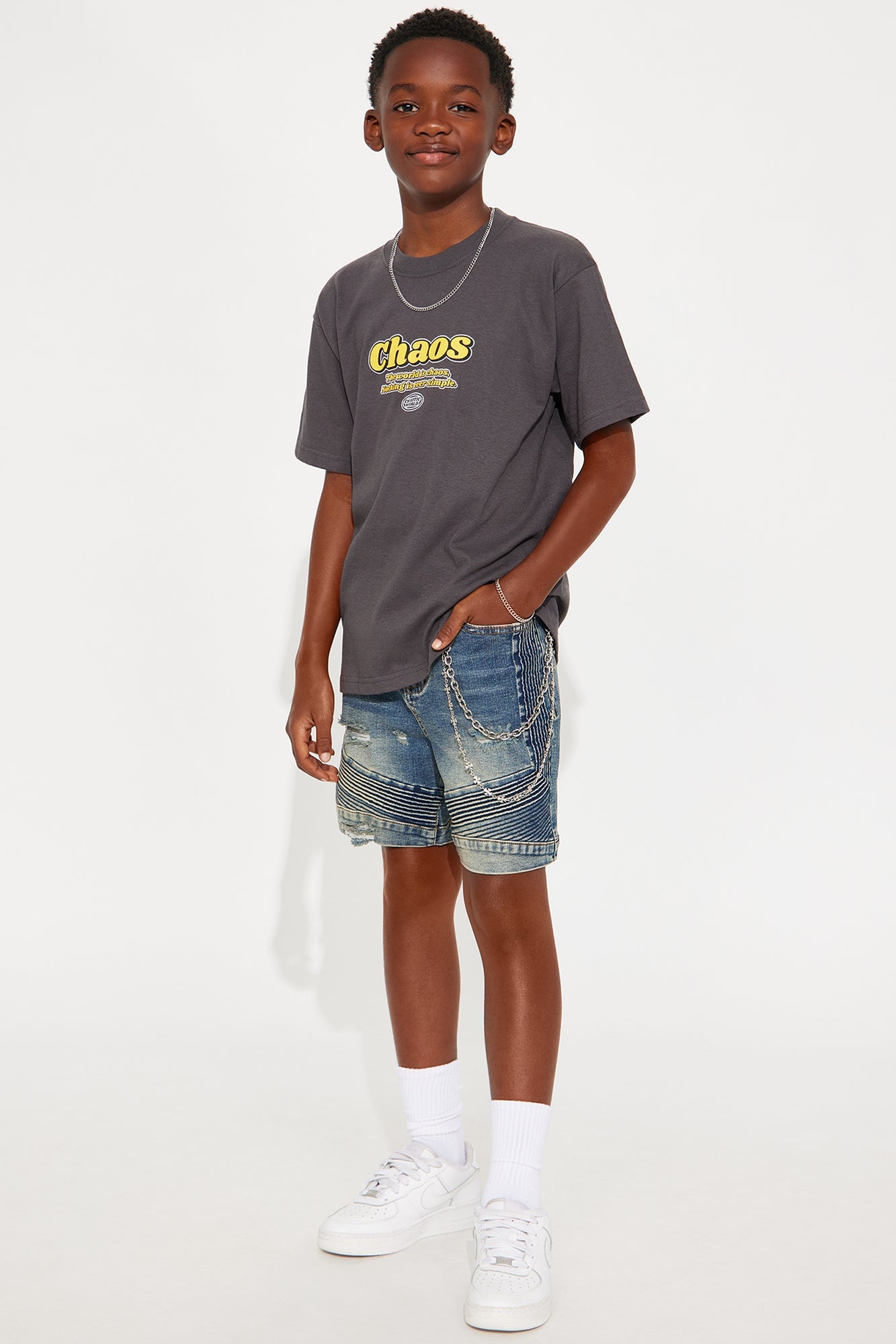 Mini Chaotic World Front/Back Short Sleeve Tee - Grey
