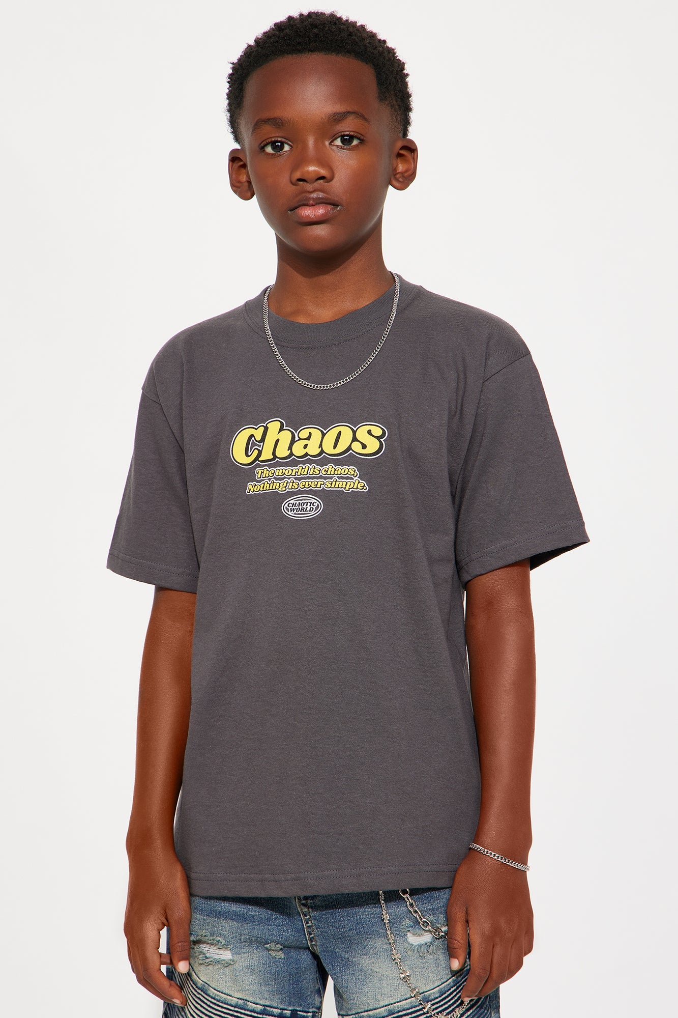 Mini Chaotic World Front/Back Short Sleeve Tee - Grey