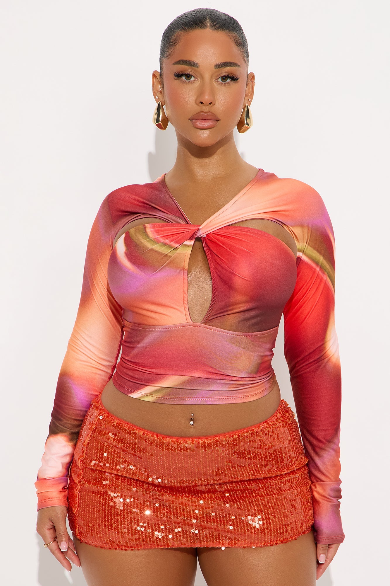 Quick Mix Long Sleeve Cut Out Top - Multi Color