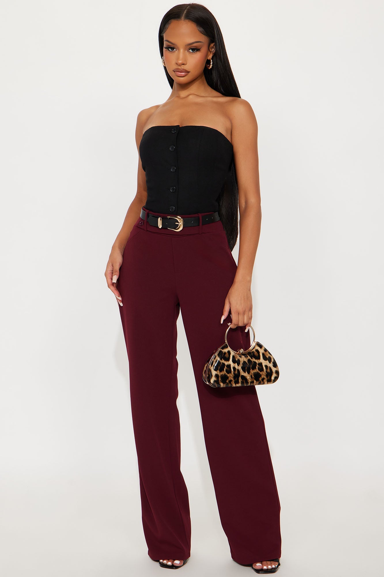 Office Tea Straight Leg Trouser Pant - Burgundy