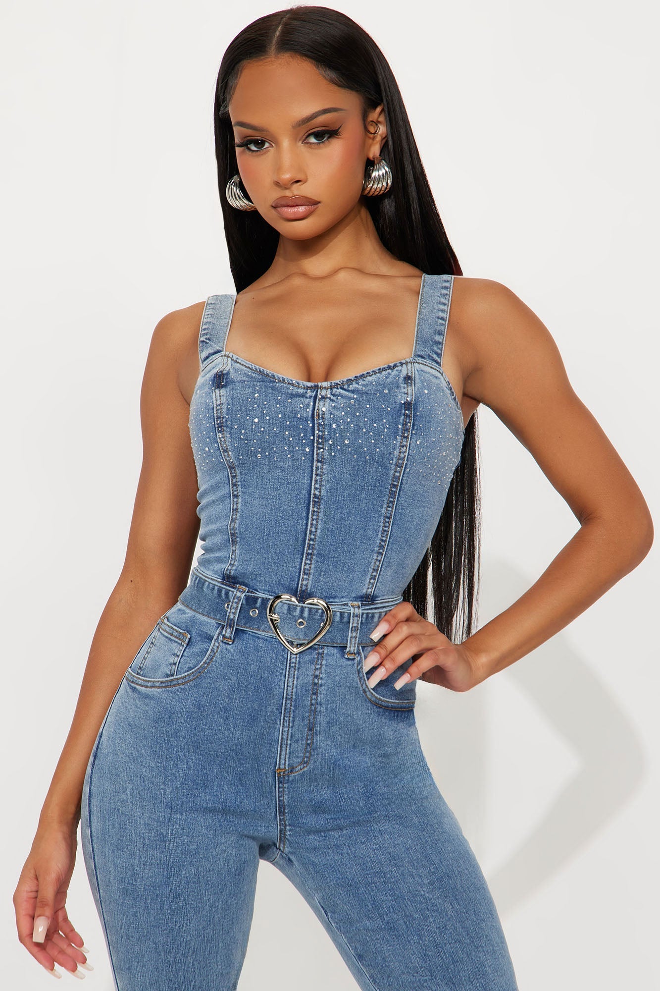 Star Dazzle Embellished Denim Jumpsuit - Denim