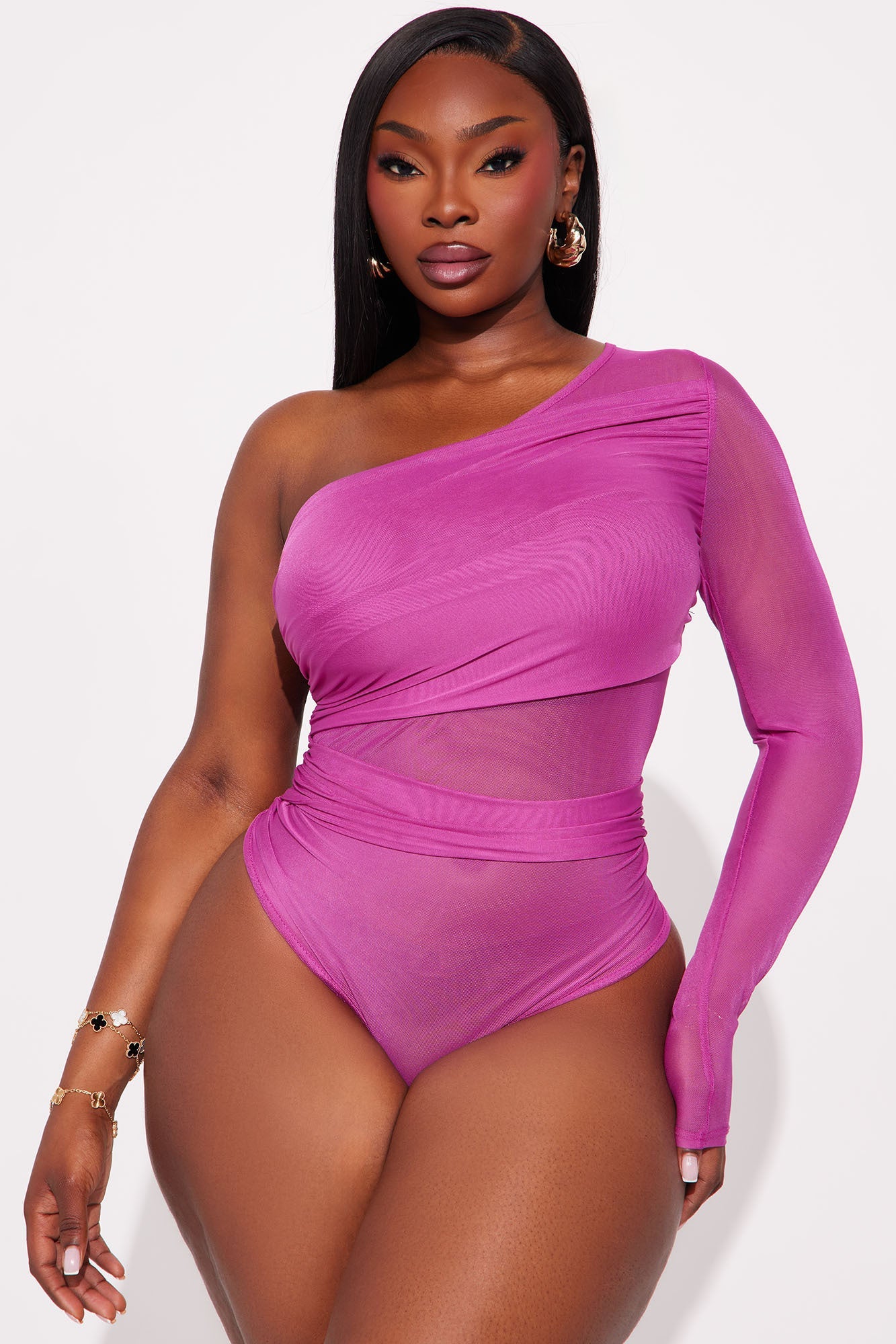 Naiara One Shoulder Mesh Bodysuit - Plum