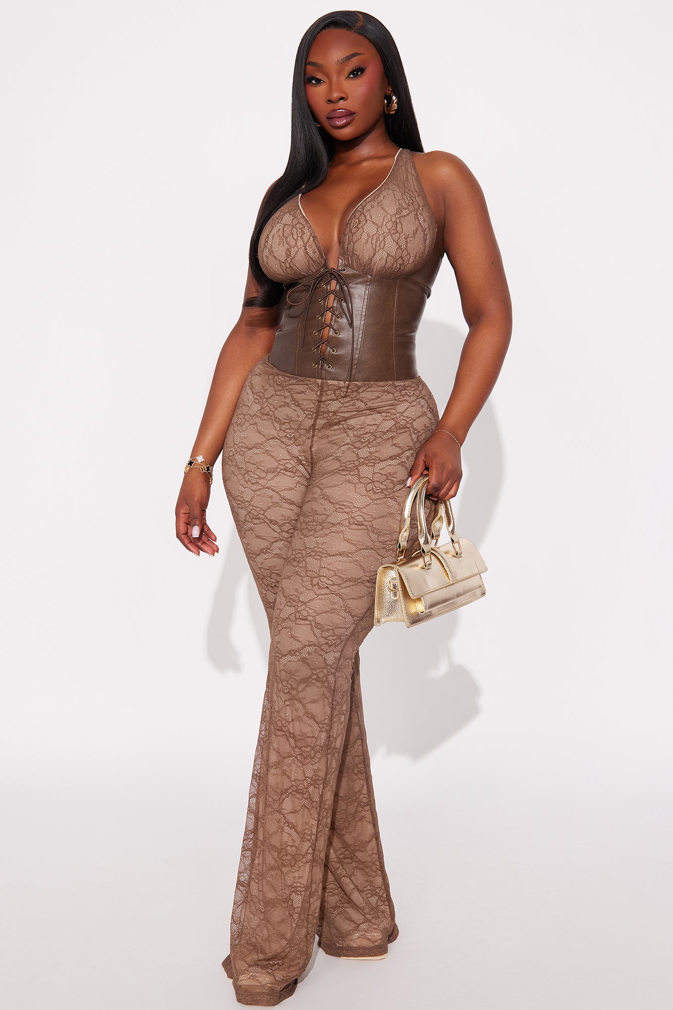 Mahalia Lace And Faux Leather Jumpsuit - Mocha