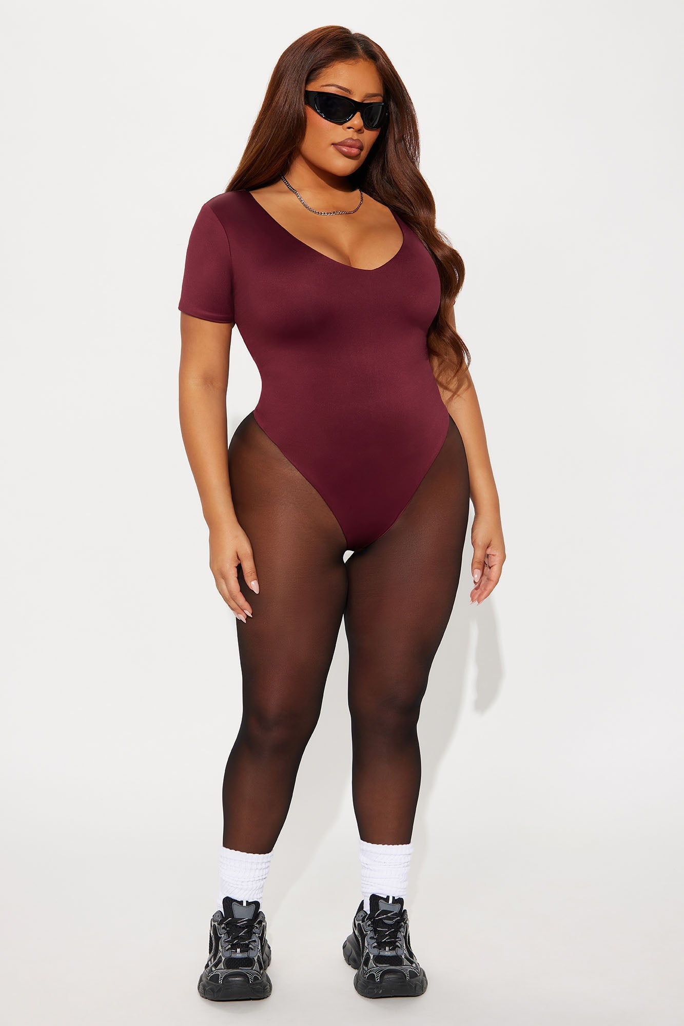 Contour Double Lined Short Sleeve High Cut Bodysuit - Wine